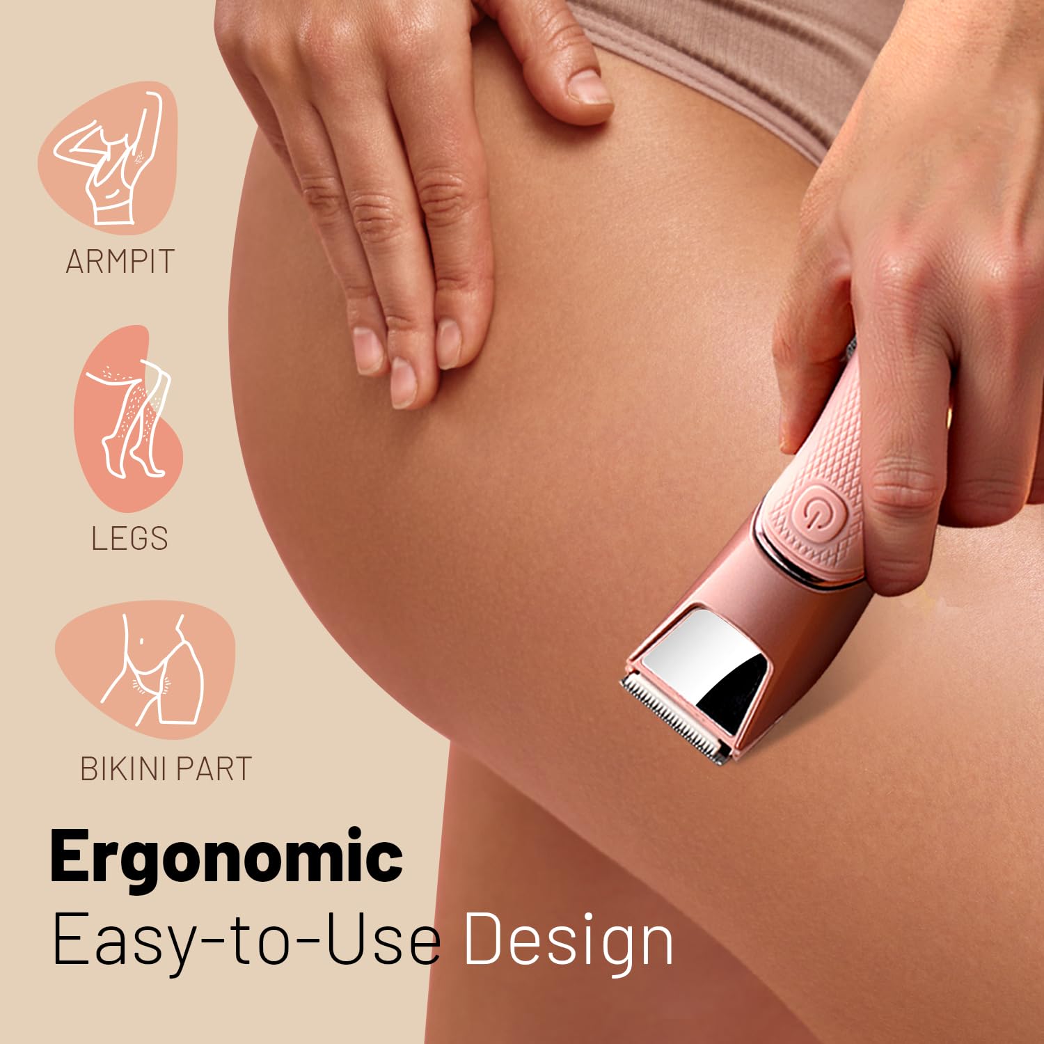 Rasoio per bikini ricaricabile da donna: body groomer con specchio e luce a LED per doccia da viaggio, rasoio per peli pubici impermeabile IPX7, lame in ceramica, rasoio elettrico - rosa chiaro