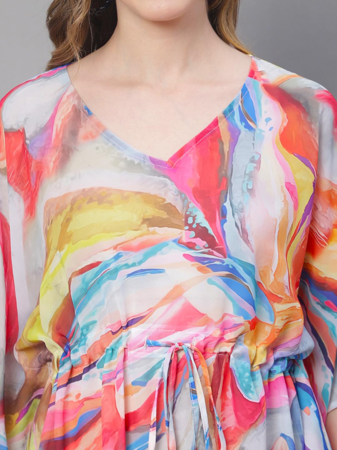 Claura Off-White Abstract Printed Swimwear Kaftan Cover Up Dress (Multi) 2
