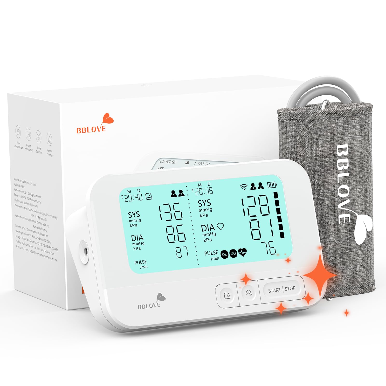 BBLOVE AES-U622 Blood Pressure Monitor main unit with cuff and large display