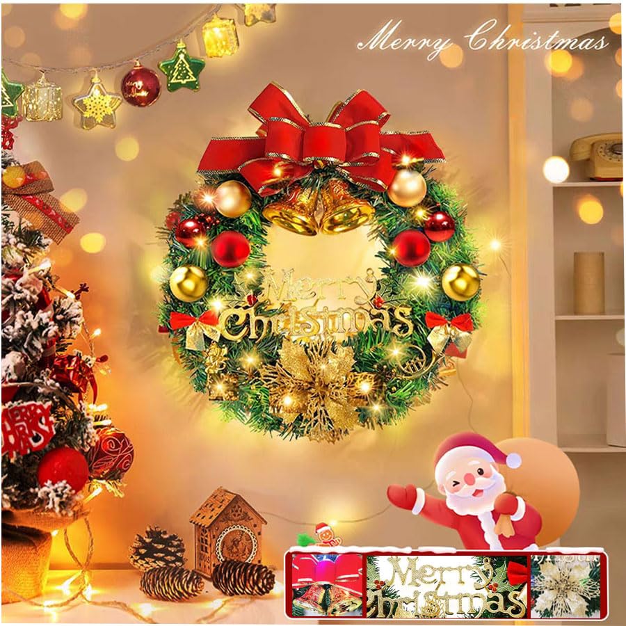 MimiblackMedium Christmas Wreath with Big Bowknot, （15.8 Inch / 40 cm) Small Christmas Garland with Big Bells for Door Window Outdoor Home Office Shop Decorations