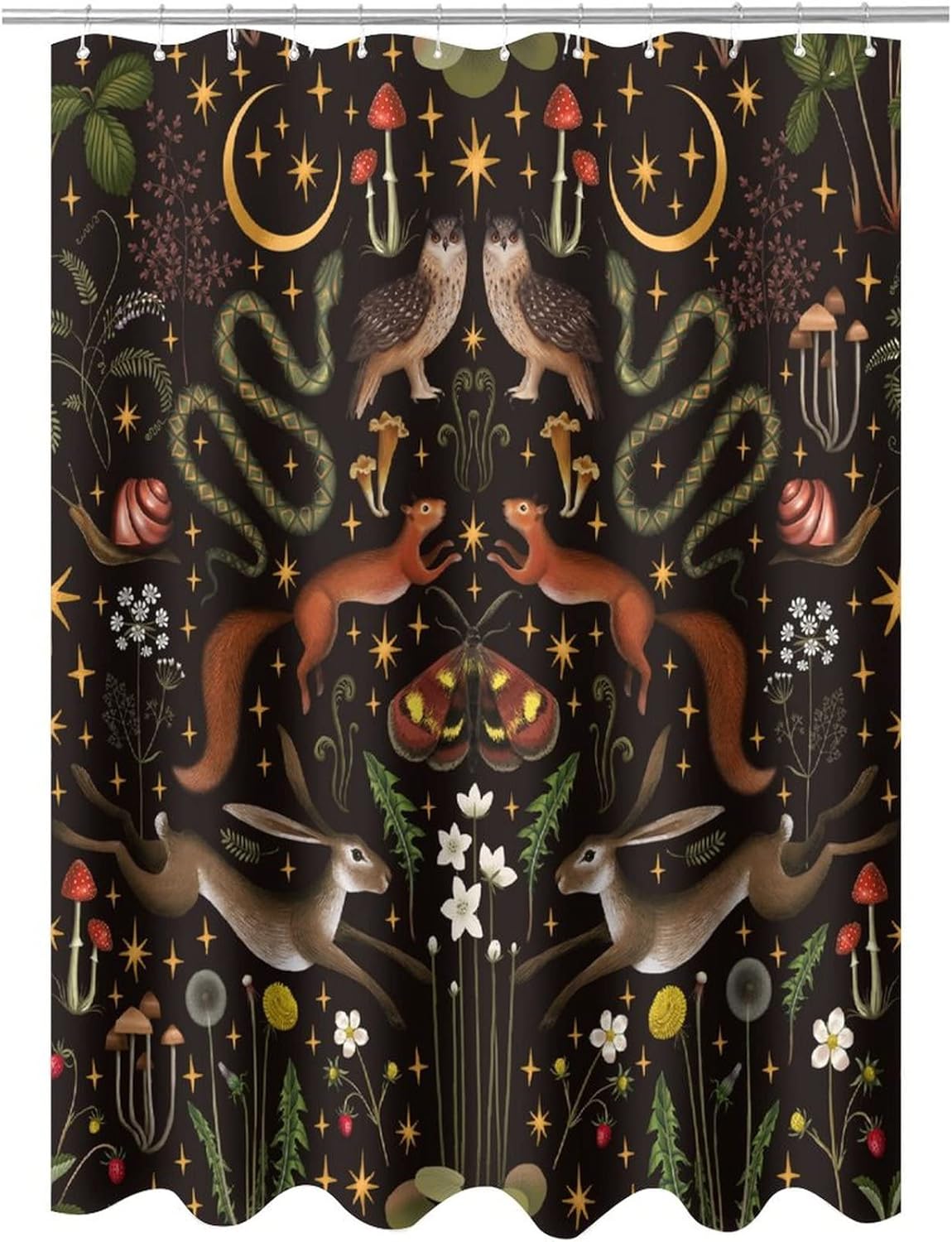 Rustic Forest Shower Curtain Fairy Tale Forest Land Moon Star Print Wild Animals Moth Mushroom Flowers Plants Suitable for Farmhouse Cottage Polyester Fabric for Bathroom 72x72inch(183x183cm)
