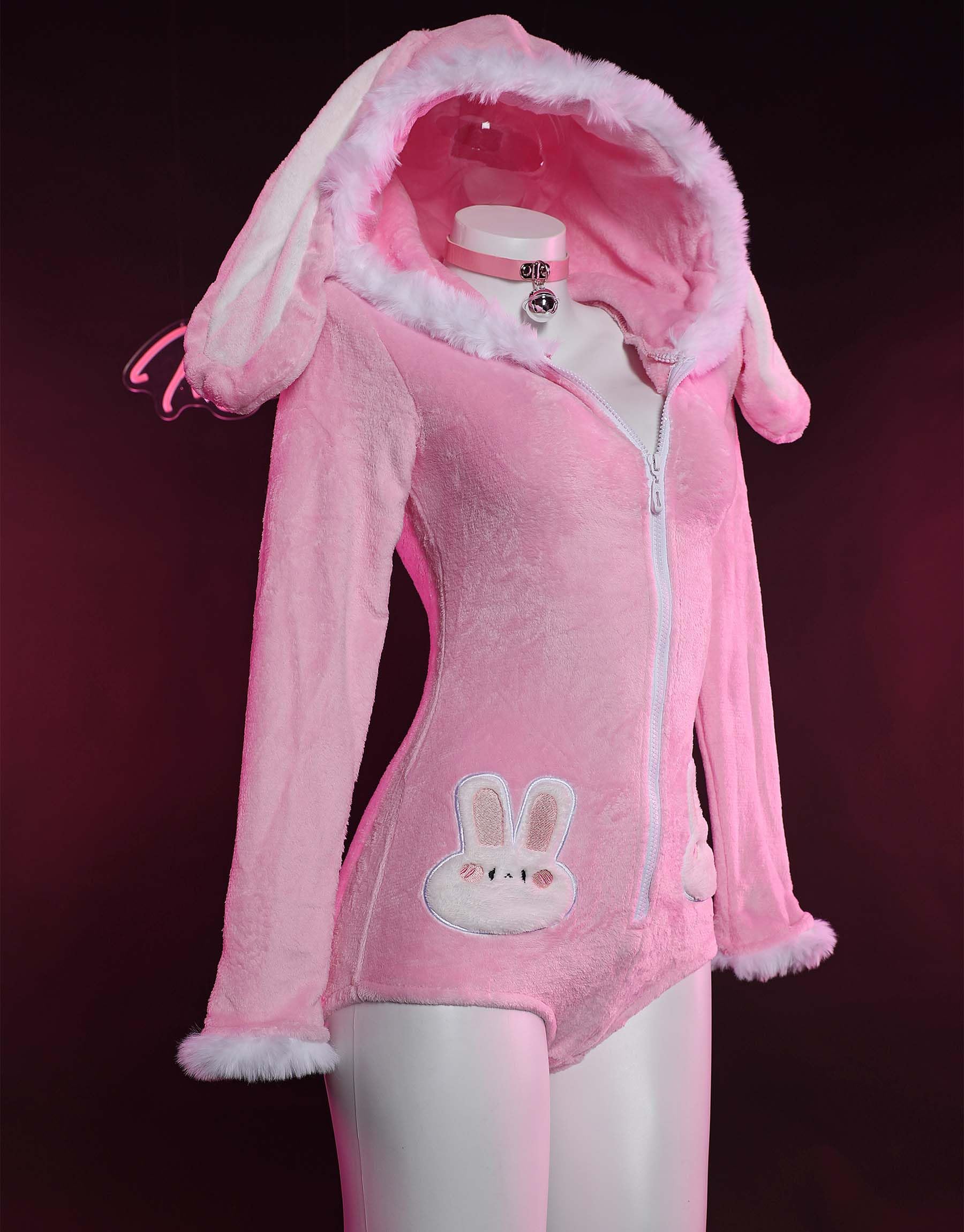 Mobbunny Cute Bunny Ear Onesie Pajama Fuzzy Romper Long Sleeve Loungewear Hooded Jumpsuit Zipper Fluffy Homewear with Socks: Medium Pink