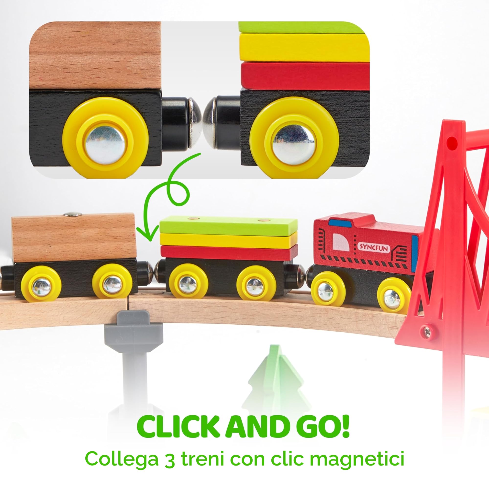 SYNCFUN 60 pezzi Montessori Set di Treni in Legno Giocattolo per Bambini 3 4 5 6, Pista Macchinine, Ferrovia Ingegneristica con Gru Magnetica, Treni e Accessori, Regalo per Bambini e Bambine