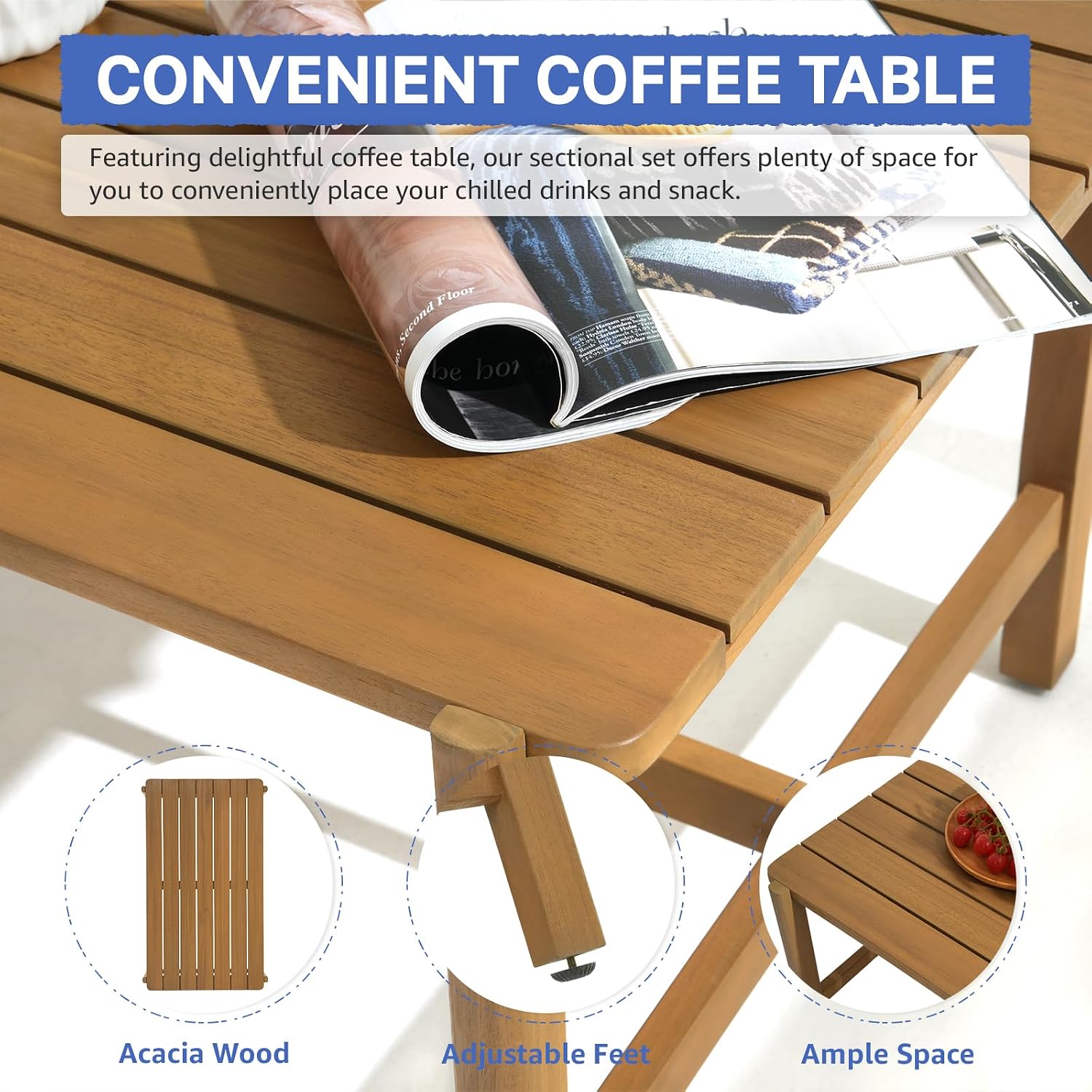 SUNSITT 4 Piece Acacia Wood Patio Furniture Set, Outdoor Conversation Sofa Set with Coffee Table & Cushions for Garden, Backyard, Cream White