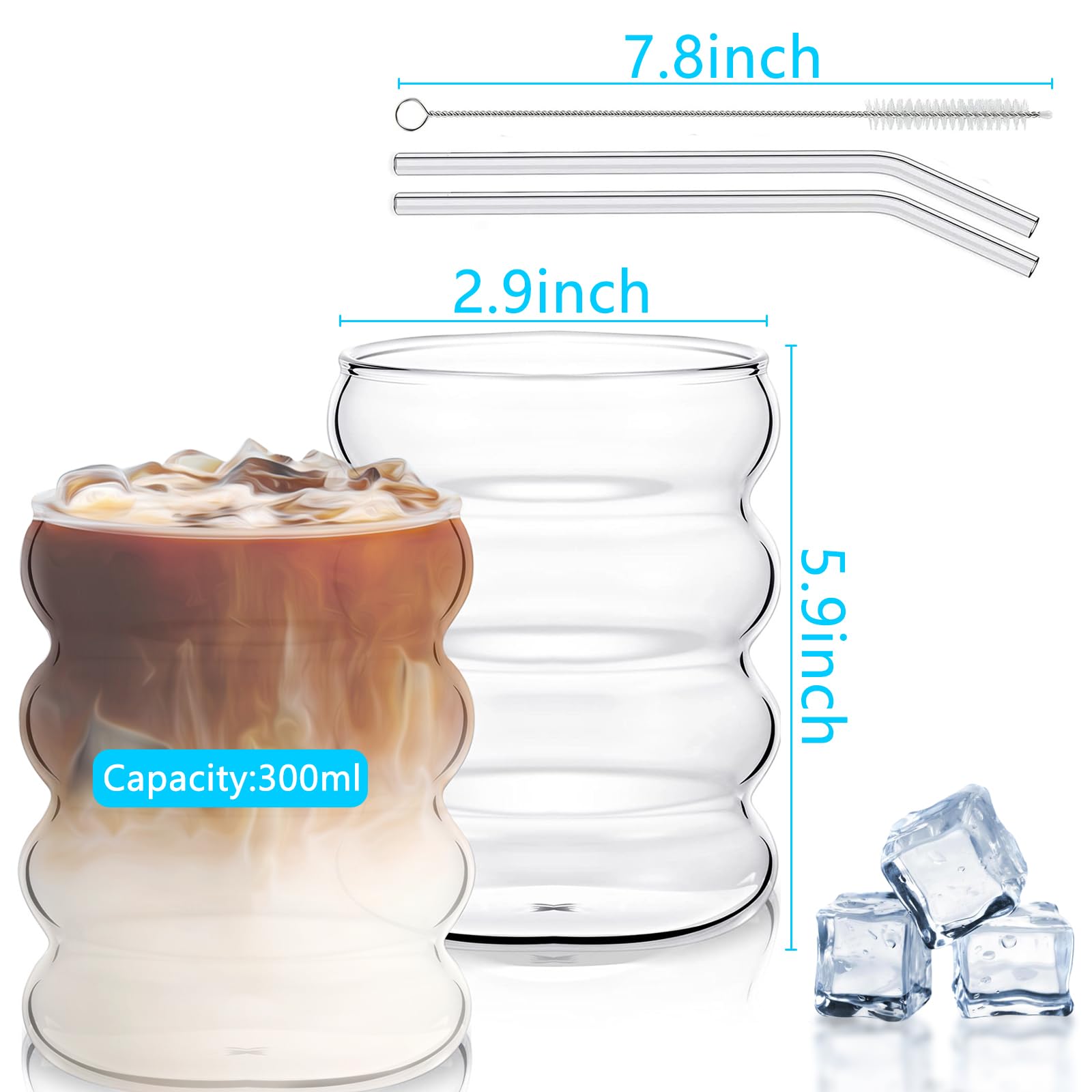 Szklanki ze szklankami, rowkowane, 300 ml, zestaw 2 szklanek ze szklanymi słomkami, żebrowane szklanki do piwa, do gastronomii, wody, soku, piwa, uniwersalnych szklanek