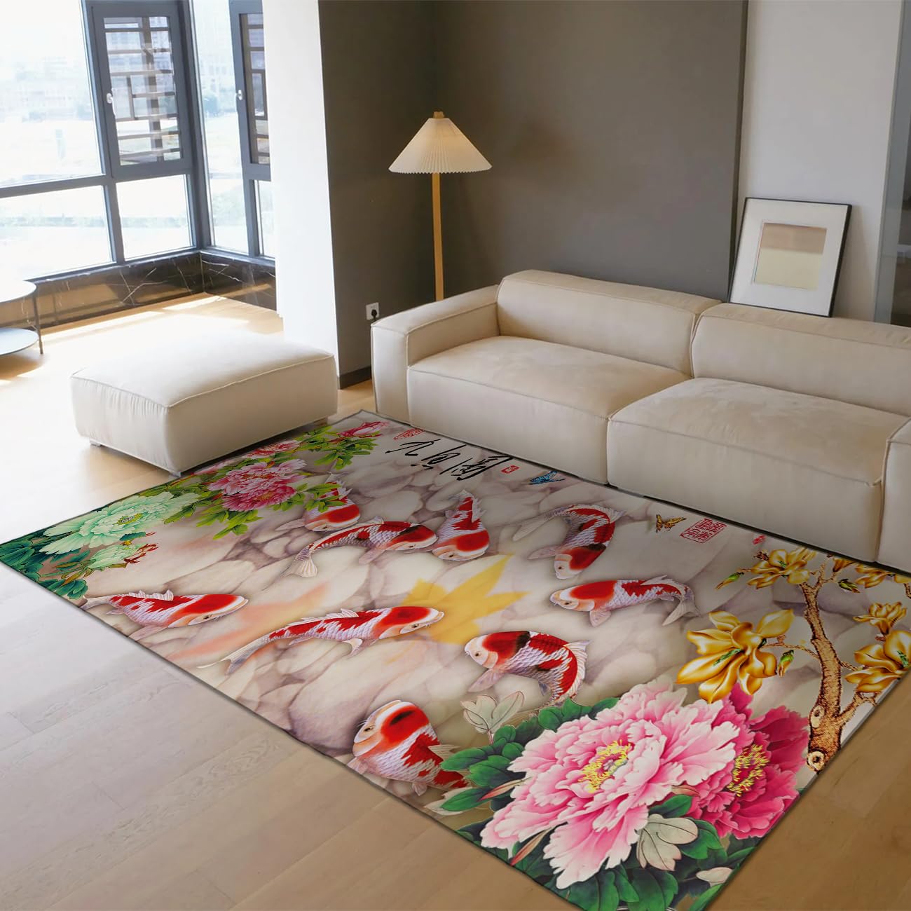 Tapis de salon 160x230 carpe japonaise floral au style raffiné