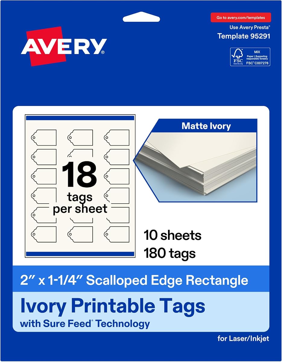 Etiquetas festoneadas rectangulares imprimibles Avery®, tecnología Sure Feed®, cartulina marfil mate de 2" x 1-1/4", impresión hasta el borde, imprimible con láser/inyección de tinta, 180 en total, ideal para etiquetas personalizadas de regalo o de marca