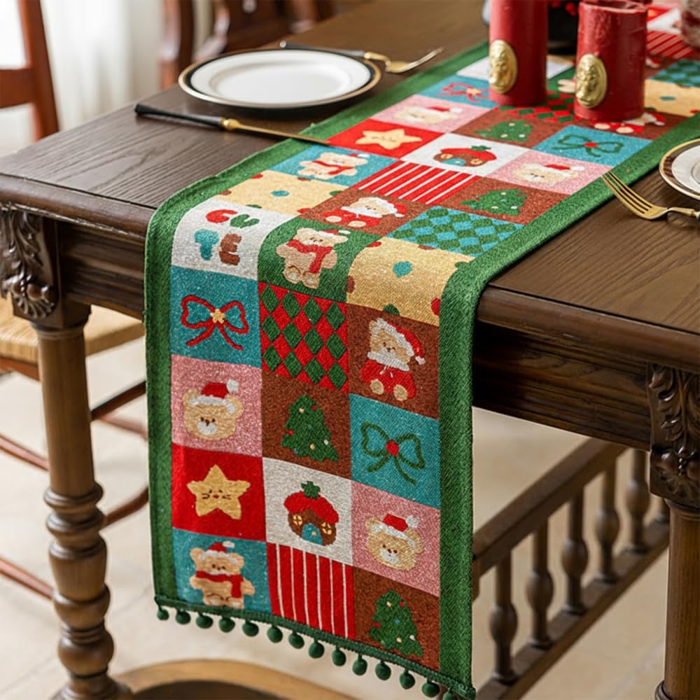 Christmas Table Runner, 14x71in Soft Xmas Winter Table Scarf with 6 Patterns & Pom-Pom Tassels for Holiday Kitchen Dining Home Party Decor