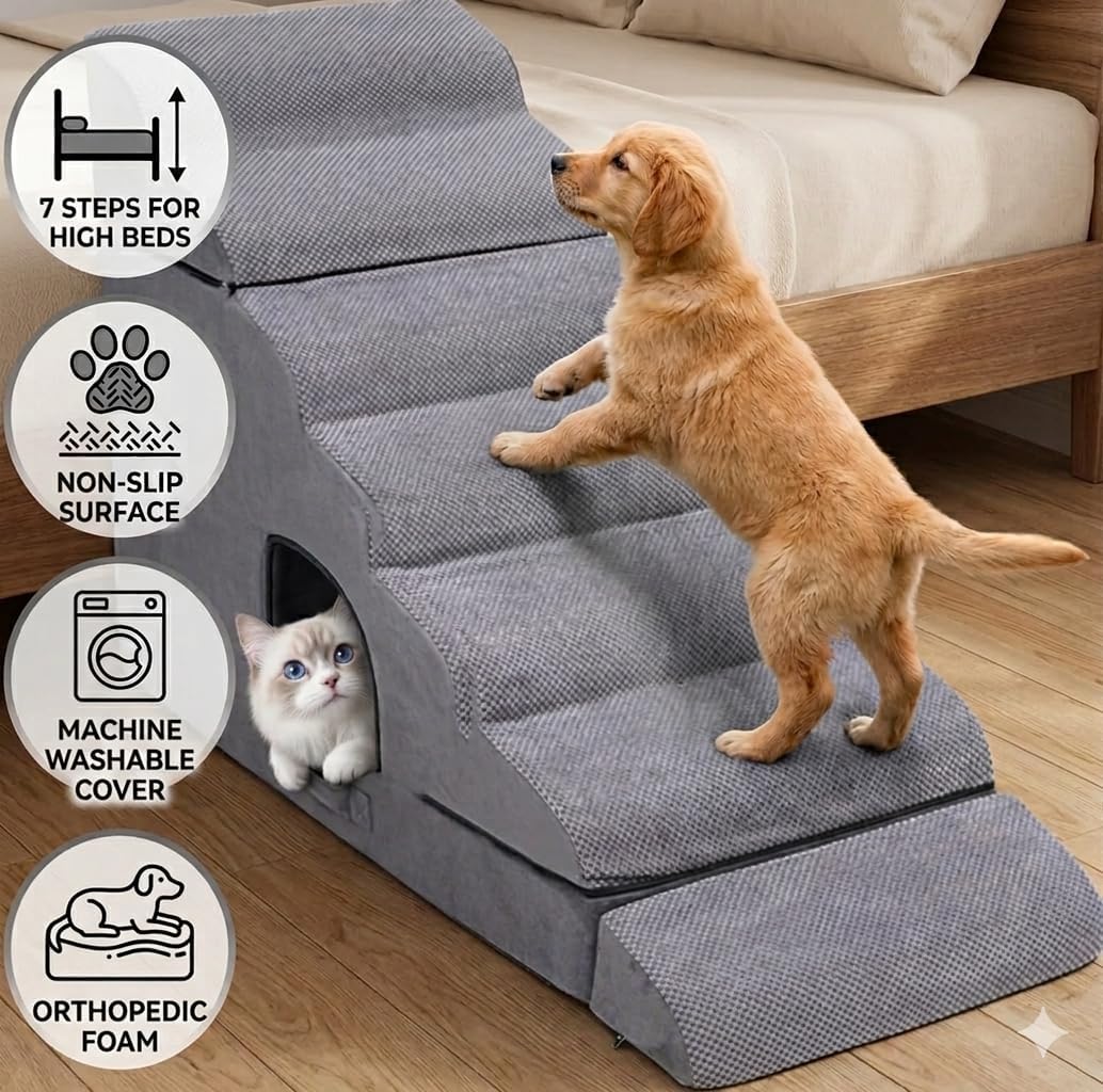 7-Step Dog Stairs for High Beds 30-36 inches, Dog Steps for High Bed Couch, Tall pet Stairs for high beds for Small, Older Pets, Non-Slip Balanced Pet Ramp Indoor, Grey