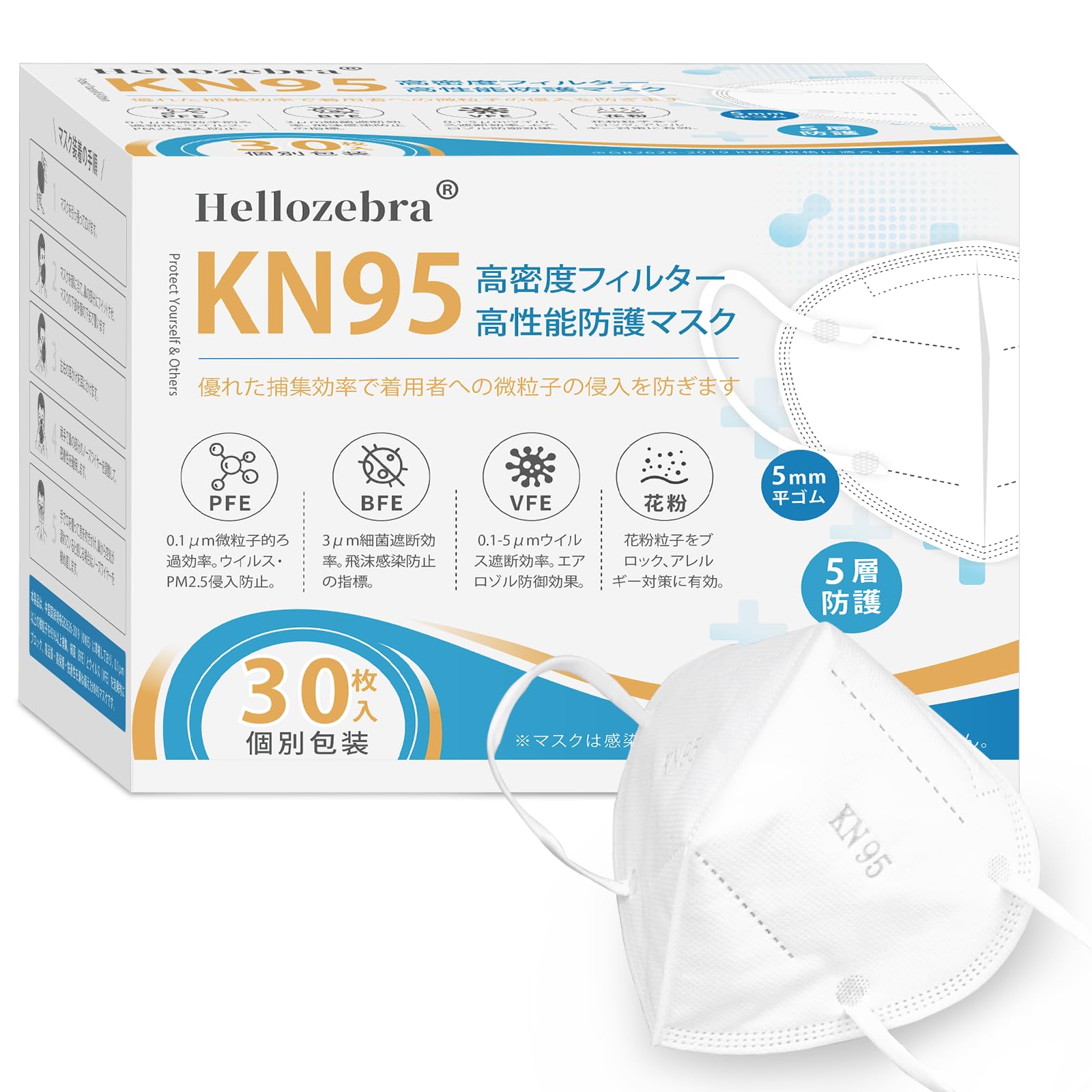 [Hellozebra]KN95マスク 高フィルター 30枚入 個包装 立体型…