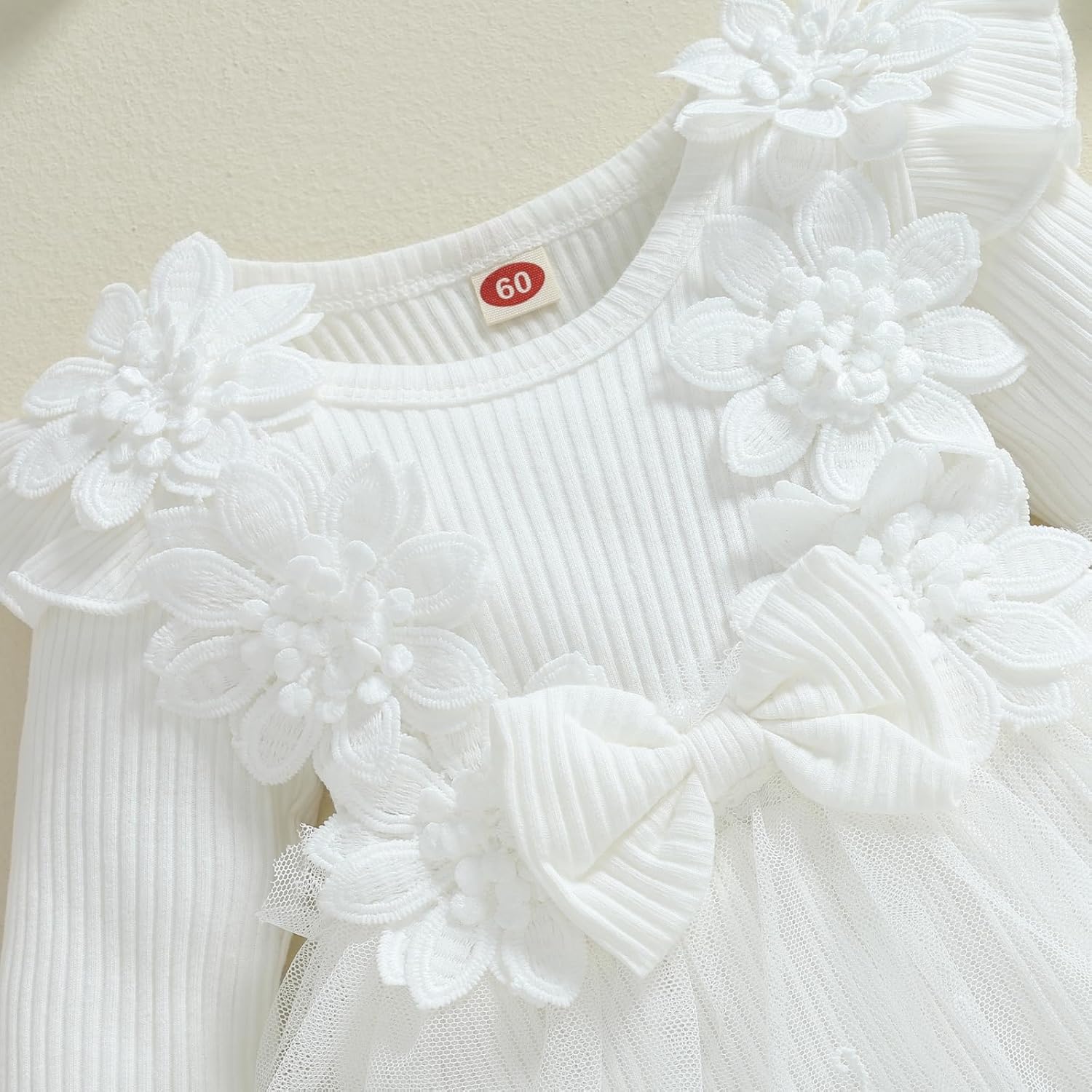 Baby Girl Romper Dress Lace Flowers Long Sleeve Knit Bodysuit Fall Winter Outfit with Headband - Image 6