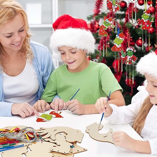 Miniatura 2 de Paquete de 9 carillones de viento para niños, kits de manualidades de Navidad, carillón de viento Grinch, adornos de madera sin terminar para niños