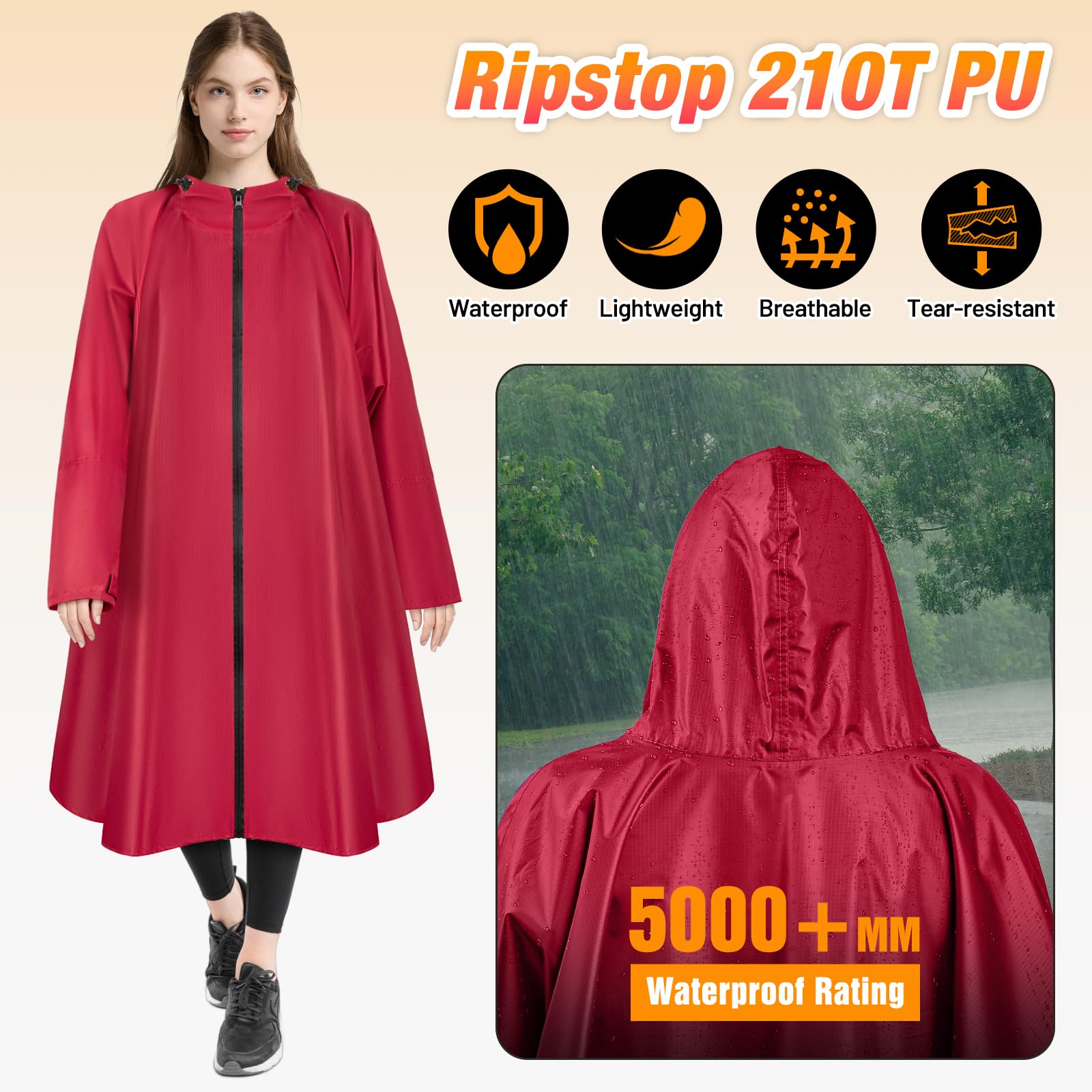 Poncho de pluie imperméable - Fermeture éclair - Capuche et manches - Veste de pluie longue - Randonnée, camping, extérieur