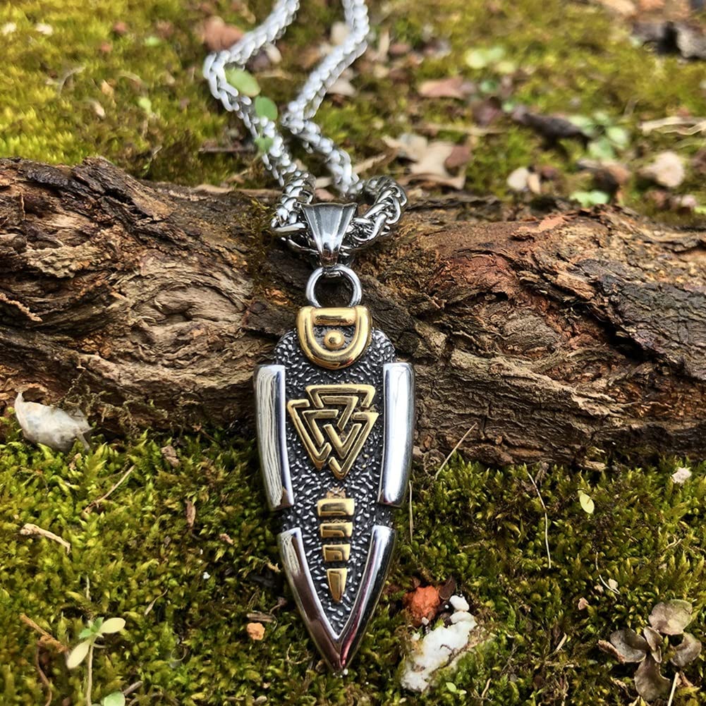 Mitologia nordycka Odyna włócznia naszyjnik - męski wisiorek grot strzały ze stali nierdzewnej - vintage średniowieczny symbol Valknut amulet islandzka biżuteria
