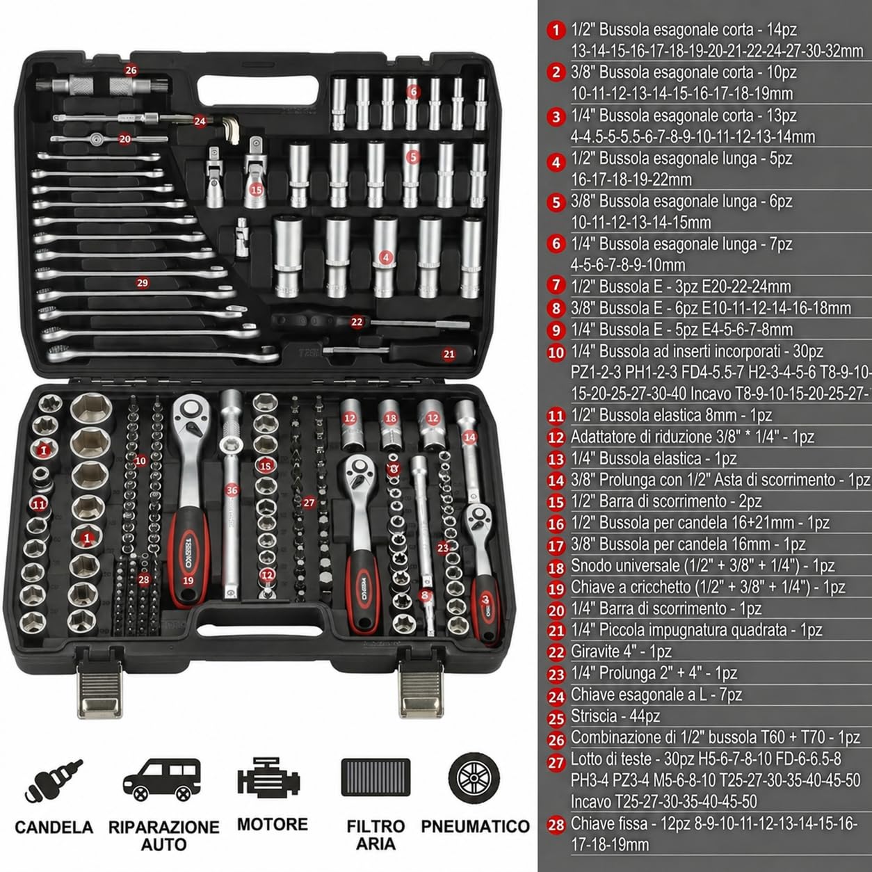 Set Chiavi a Cricchetto 216 Pezzi con Bussole e Accessori, Kit Attrezzi Completo 1/4 3/8 1/2 Pollici con Valigetta, Chiavi per Auto e Officina