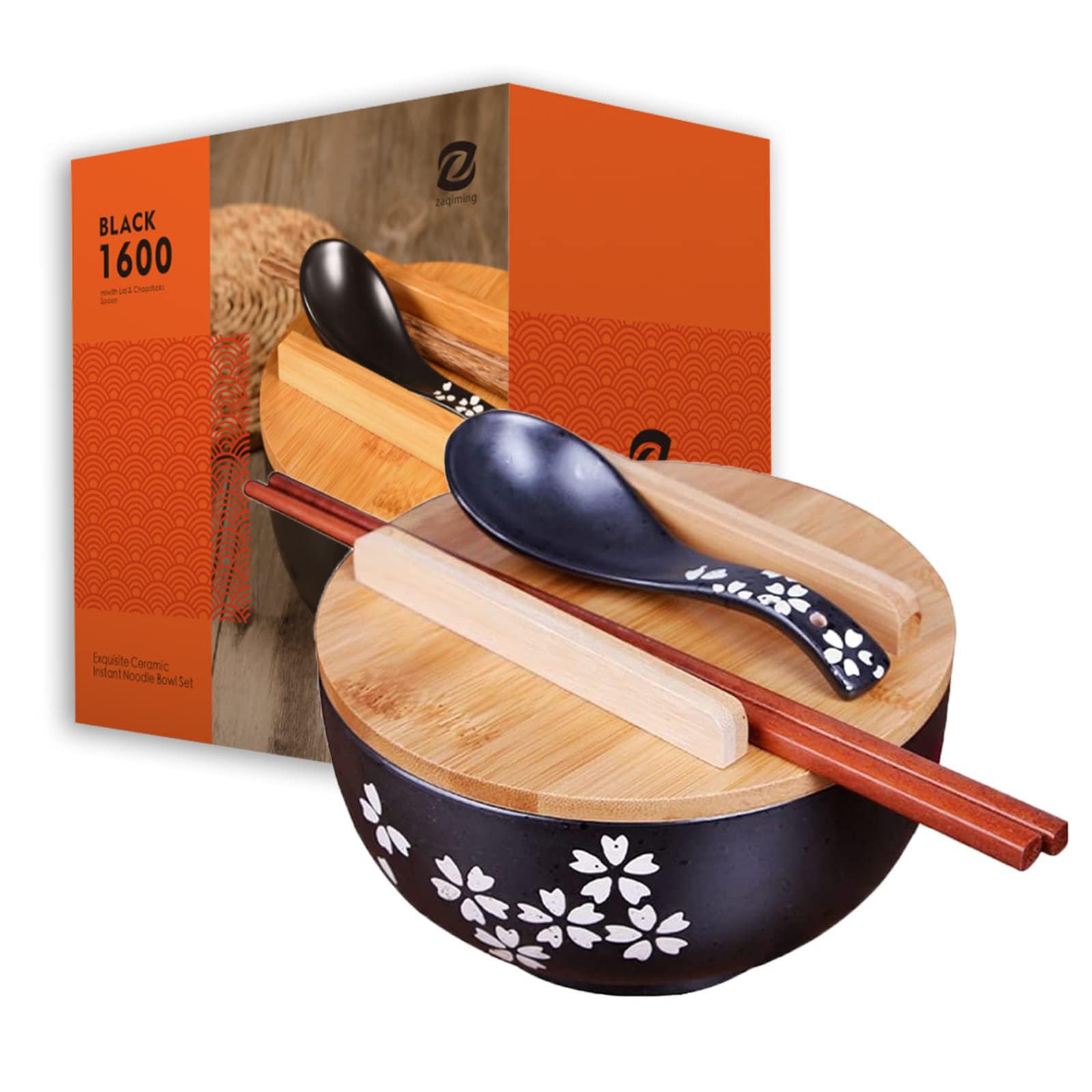 zaqiming Tazón de ramen 1000ML Negro Tazón japonés de cerámica Cuencos de sopa para Udon, Soba, Hor Fun, fideos, ramen, ensaladas y sopas (1 set)