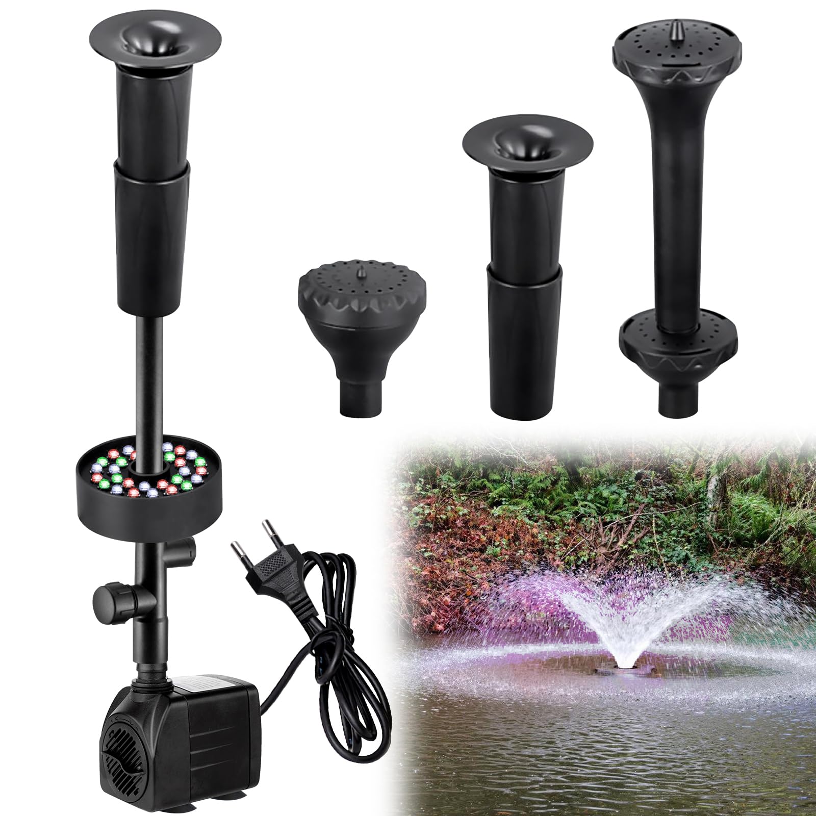 Pompe de fontaine d'extérieur 25 W : 2000 l/h Multicolore Pompe de fontaine de jardin avec éclairage LED Pompe de bassin Lumière intégrée Pompe à eau Aquarium pour décoration d'eau et
