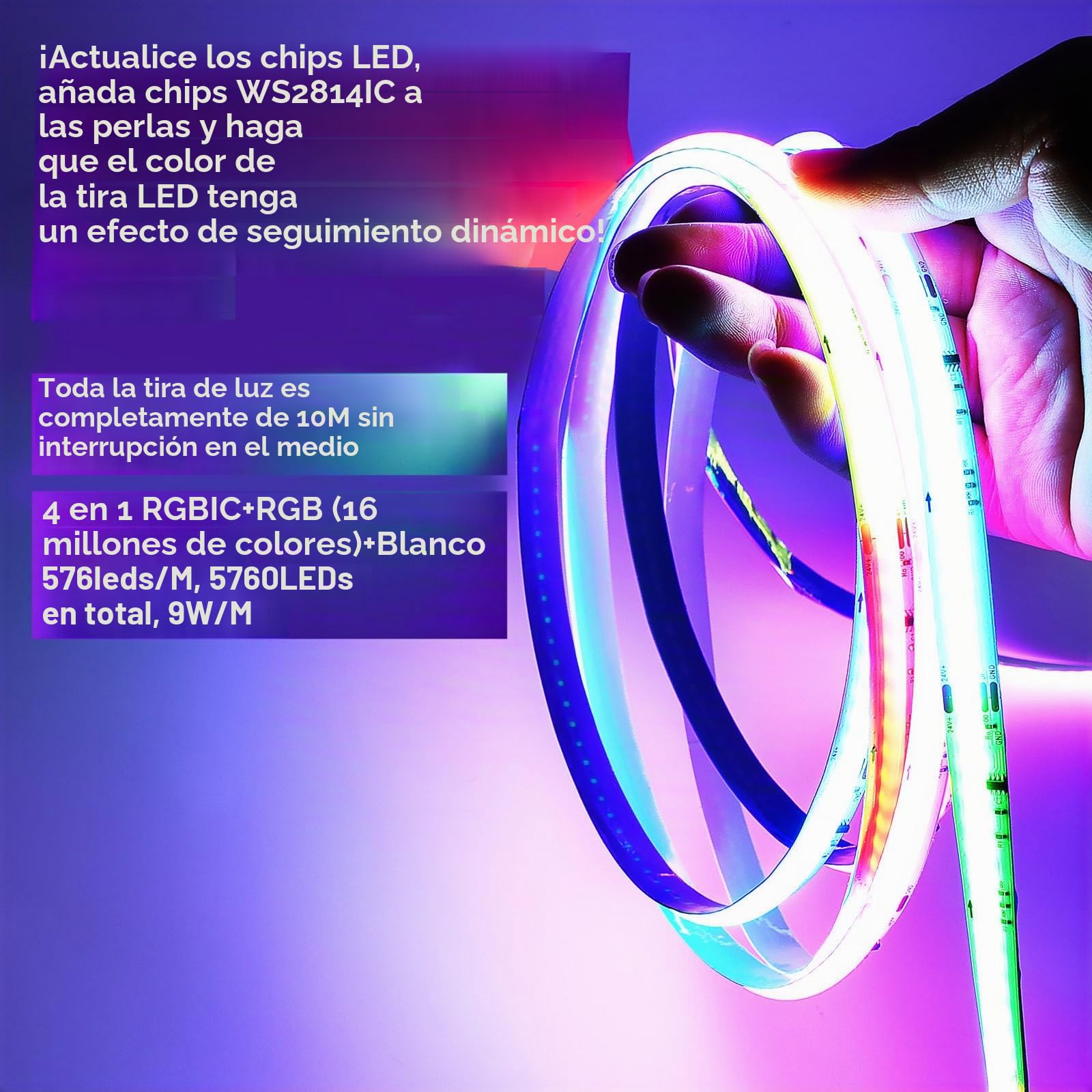 Luces Led Habitacion 10M,WiFi Tiras Led COB RGB+White +Dynamic color 576led/M 5760leds 24V Luces Led Habitación,16Millones de Colores y Música Modos,Para Google Home Assistant/Alexaz