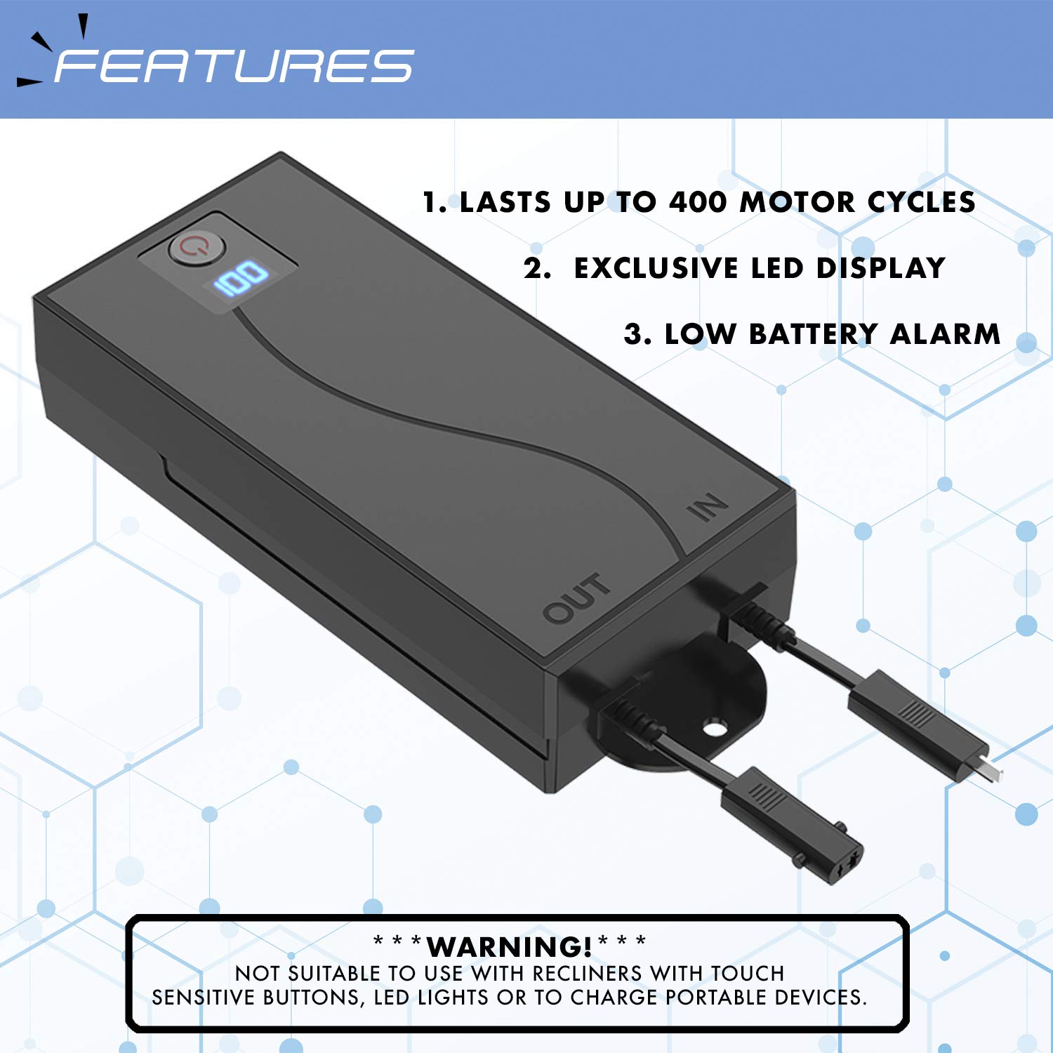 Battery Pack for Reclining Furniture with ChargerRechargeable Power Supply for Electric Motion