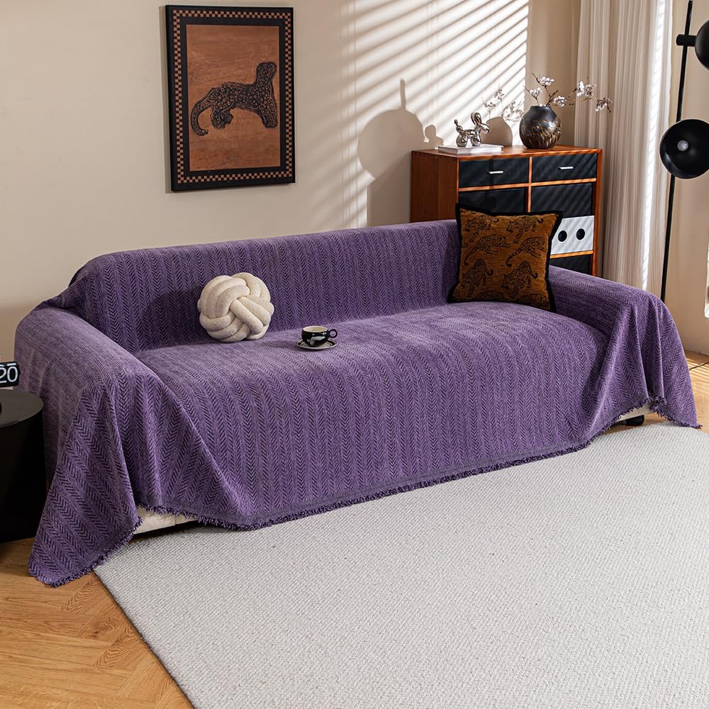 Sofa Covers for 3 Cushion Couch Seat, Loveseat Non Slip Couch Cover Polyester Strip Couch Throw Blankets with Tassels, Sectional Sofa Slipcovers Furniture Protector for Pets, Kids 71"x150", Purple