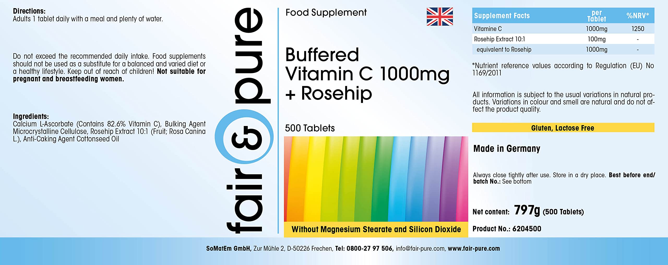 Fair & Pure Vitamine C tamponnée 1000 mg + cynorrhodon, 500 comprimés, hautement dosé avec 1250% VNR, L-ascorbate de calcium, complément alimentaire sans stéarate de magnésium, fabriqué en Allemagne