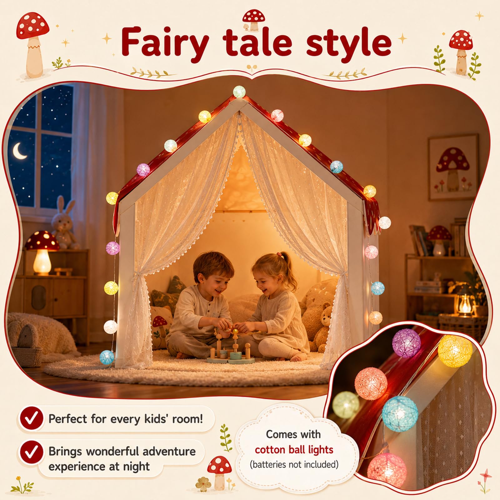 2 Türen Kinderzelt Indoor, Kinder Spielhaus Indoor, Kinder Bettzelt Spielzelt für Drinnen, Kinderspielhaus Kuschelecke Prinzessin Zelt mit Fenstern Lichterkette für Jungen Mädchen 105x160x128cm