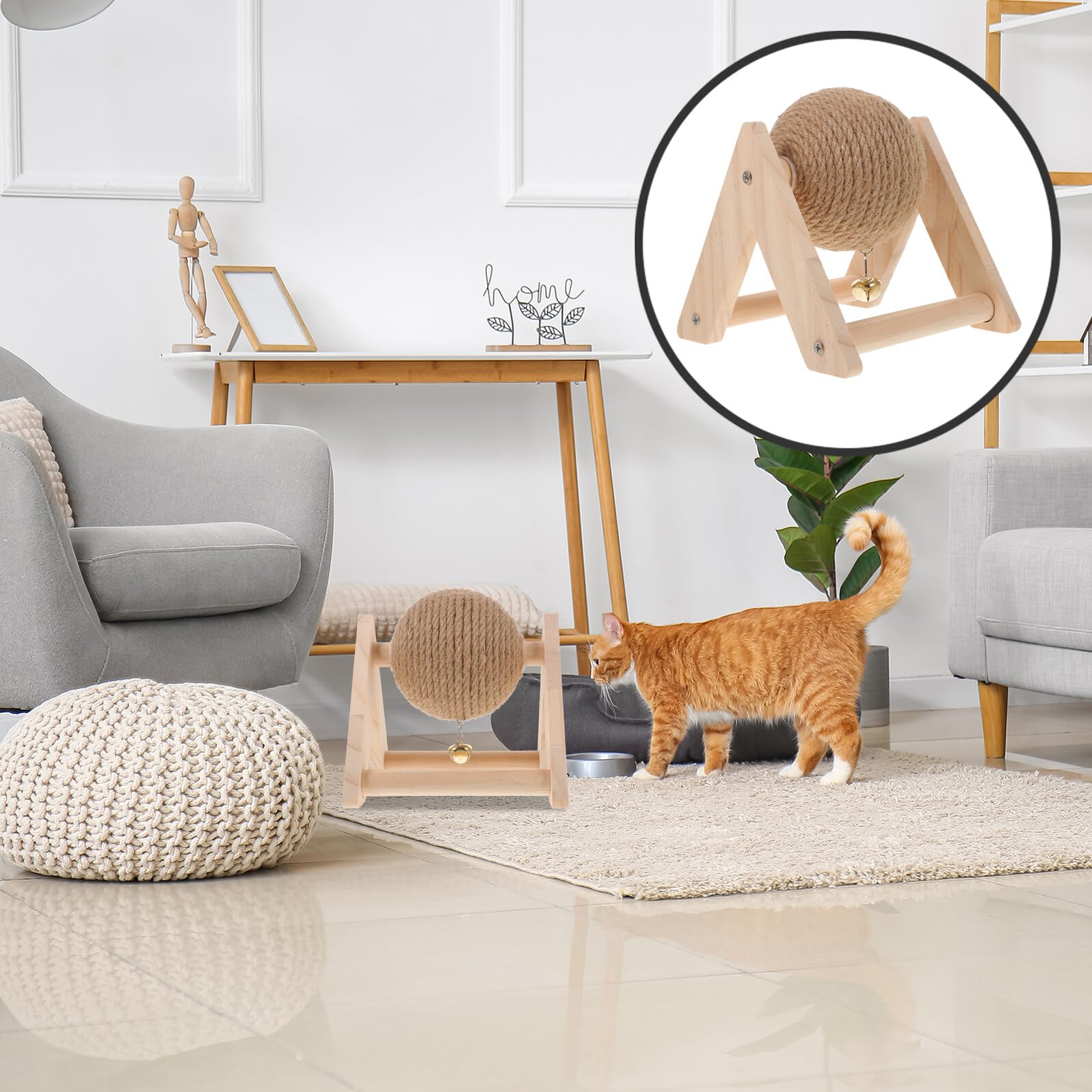 Kratzspielzeug Kätzchen Sisal Kratzball aus Naturfasern mit Stabilem Holzsockel für Katzen Kaninchen Meerschweinchen Haustier Spielzeug gegen Langeweile