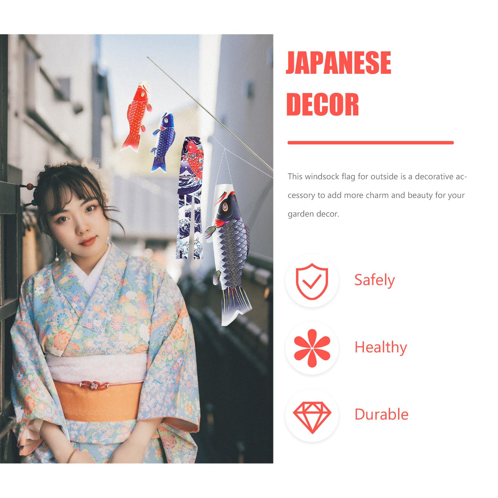 PACKOVE Manga de Viento para Peces al Aire Libre Estilo Japonés Material de Satén y Metal, Decoración Colgante Práctica y Elegante para Jardín y Terraza Exterior