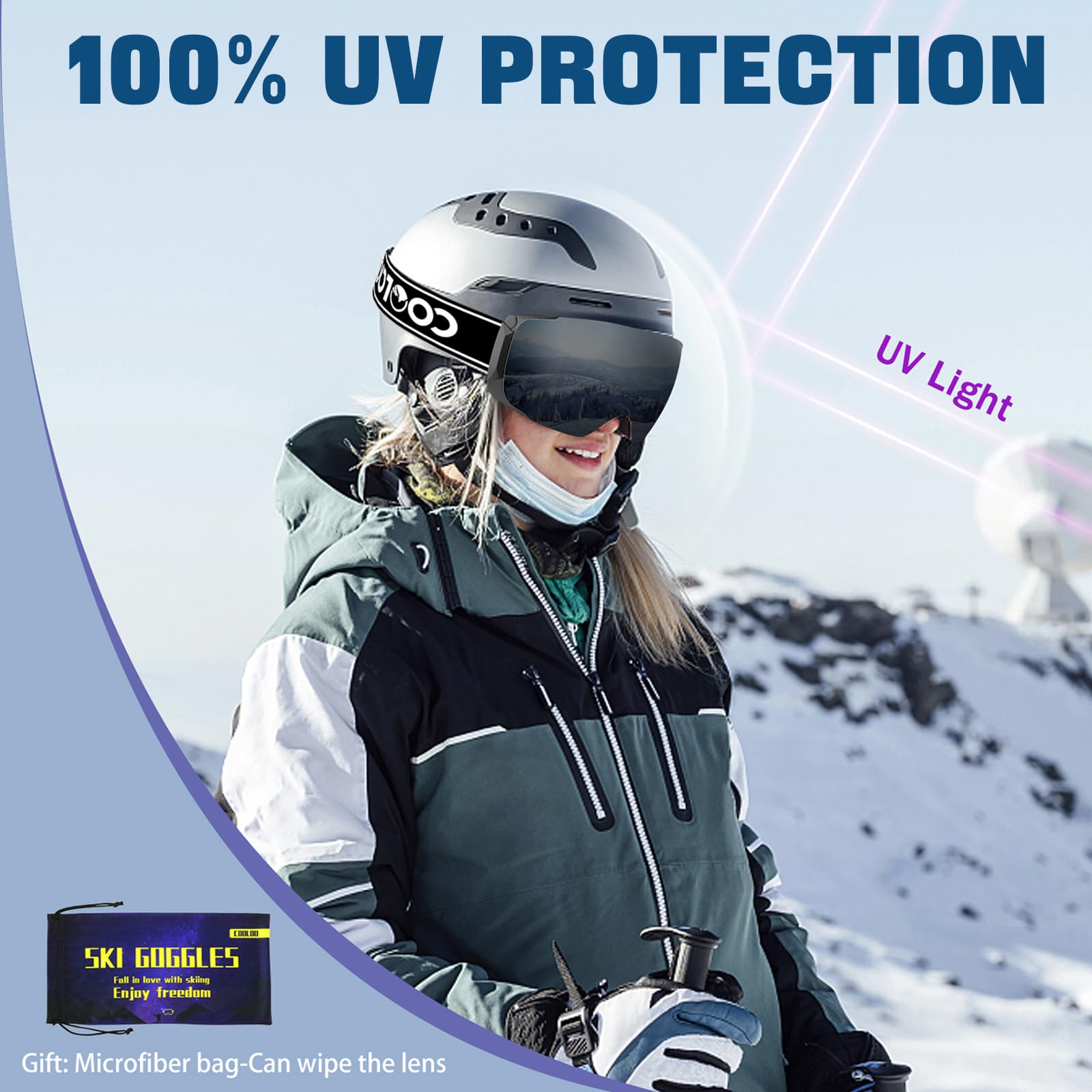 COOLOO Occhiali da neve/sci, occhiali da snowboard per uomo, donna, giovani, lenti magnetiche, senza cornice, anti appannamento, protezione UV al 100%