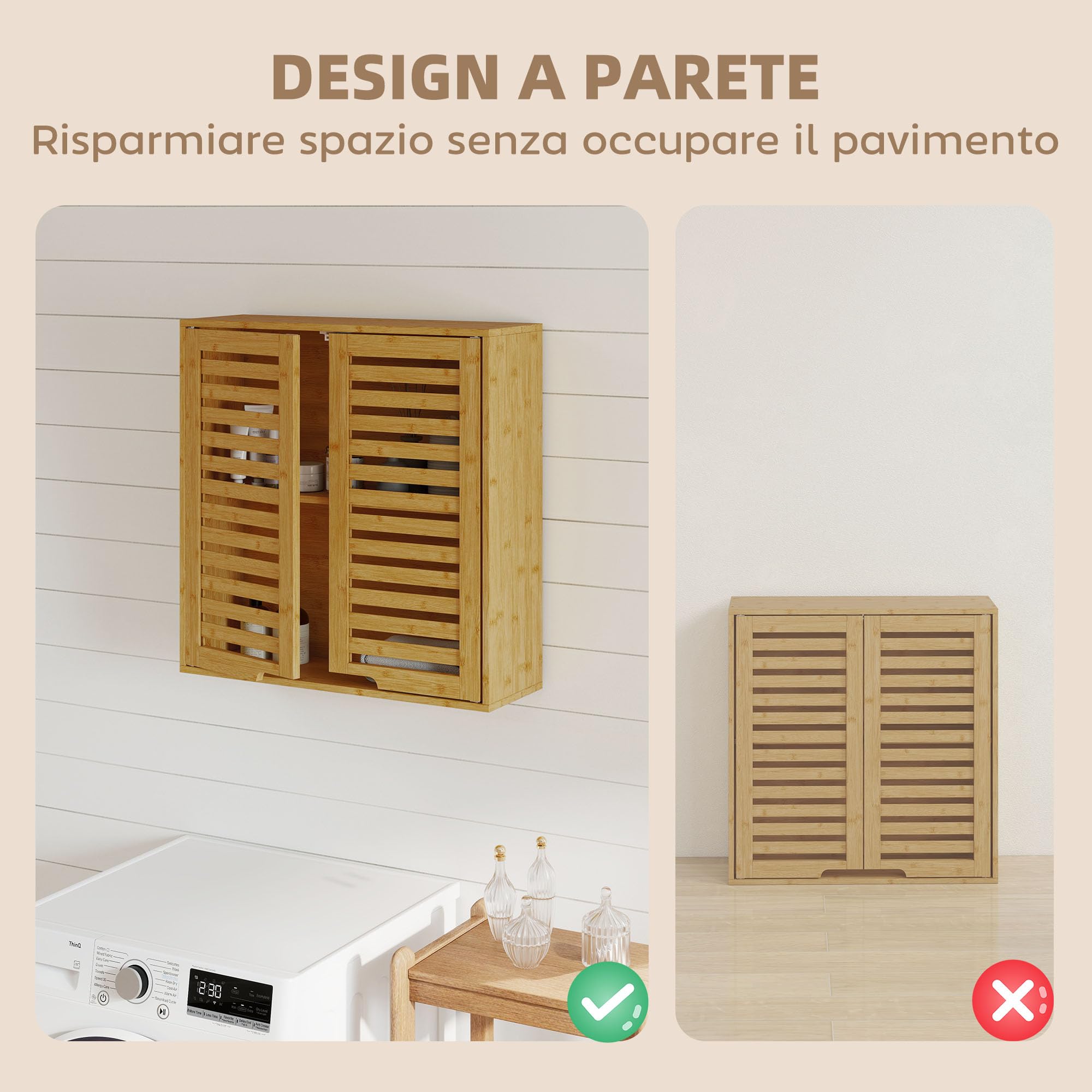 HOMCOM Pensile Bagno con Ante a Persiana in Bambù, Mobiletto Bagno Sospeso con Ripiano Interno Regolabile, 60x20x60 cm, Color Legno