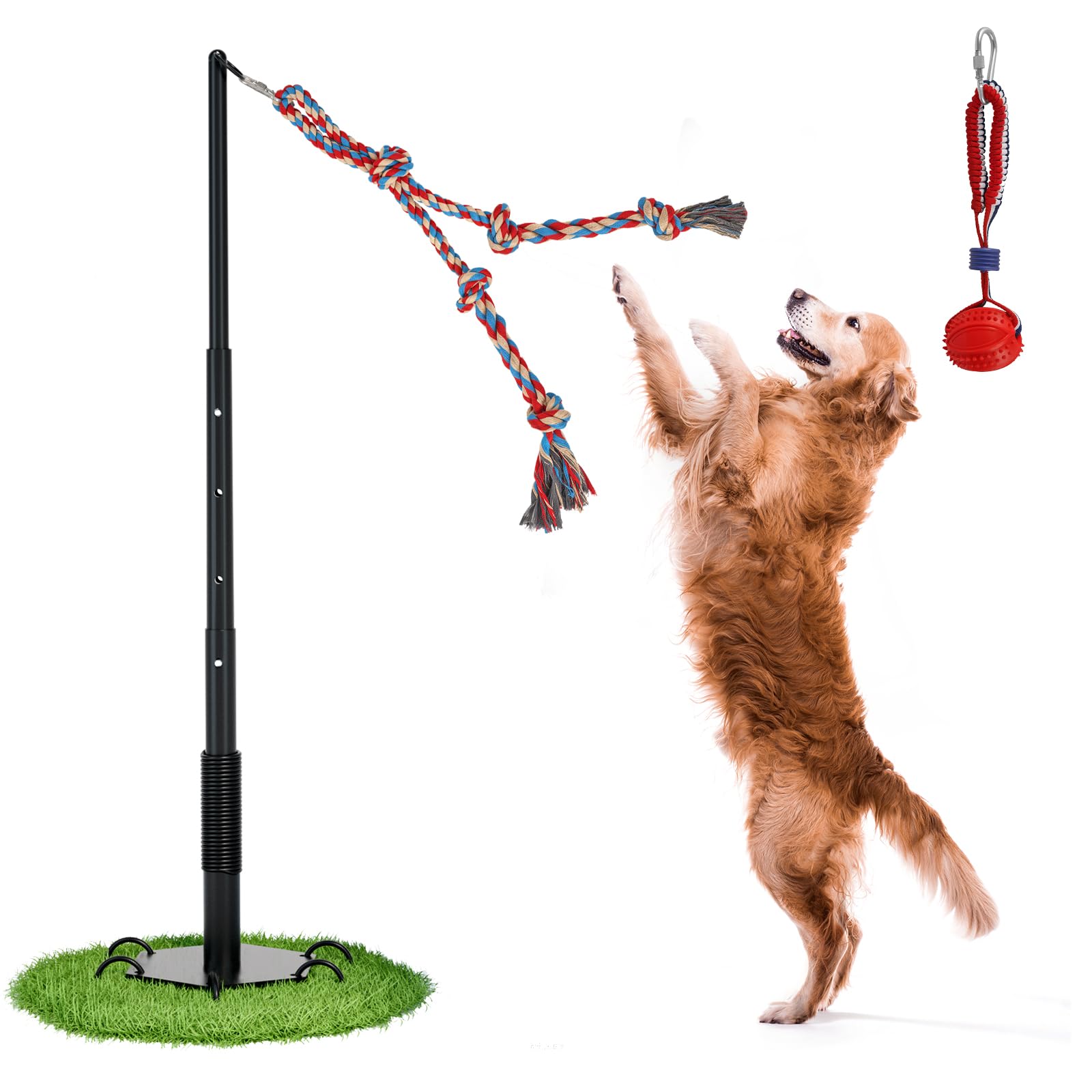 Outdoor Tug of War Hundespielzeug, Tether Interaktives Hundespielzeug Zerrspielzeug Schwerlast Hund Solo Play Übungsspielzeug für mittelgroße große Hunde, Höhenverstellbar, 2 Kauspielzeuge