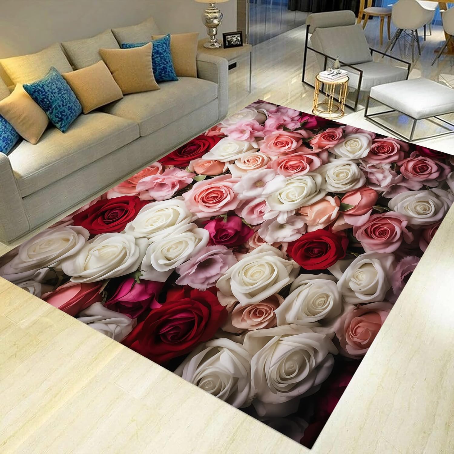 Tapis salon fleur rose 3D en polyester doux et antidérapant
