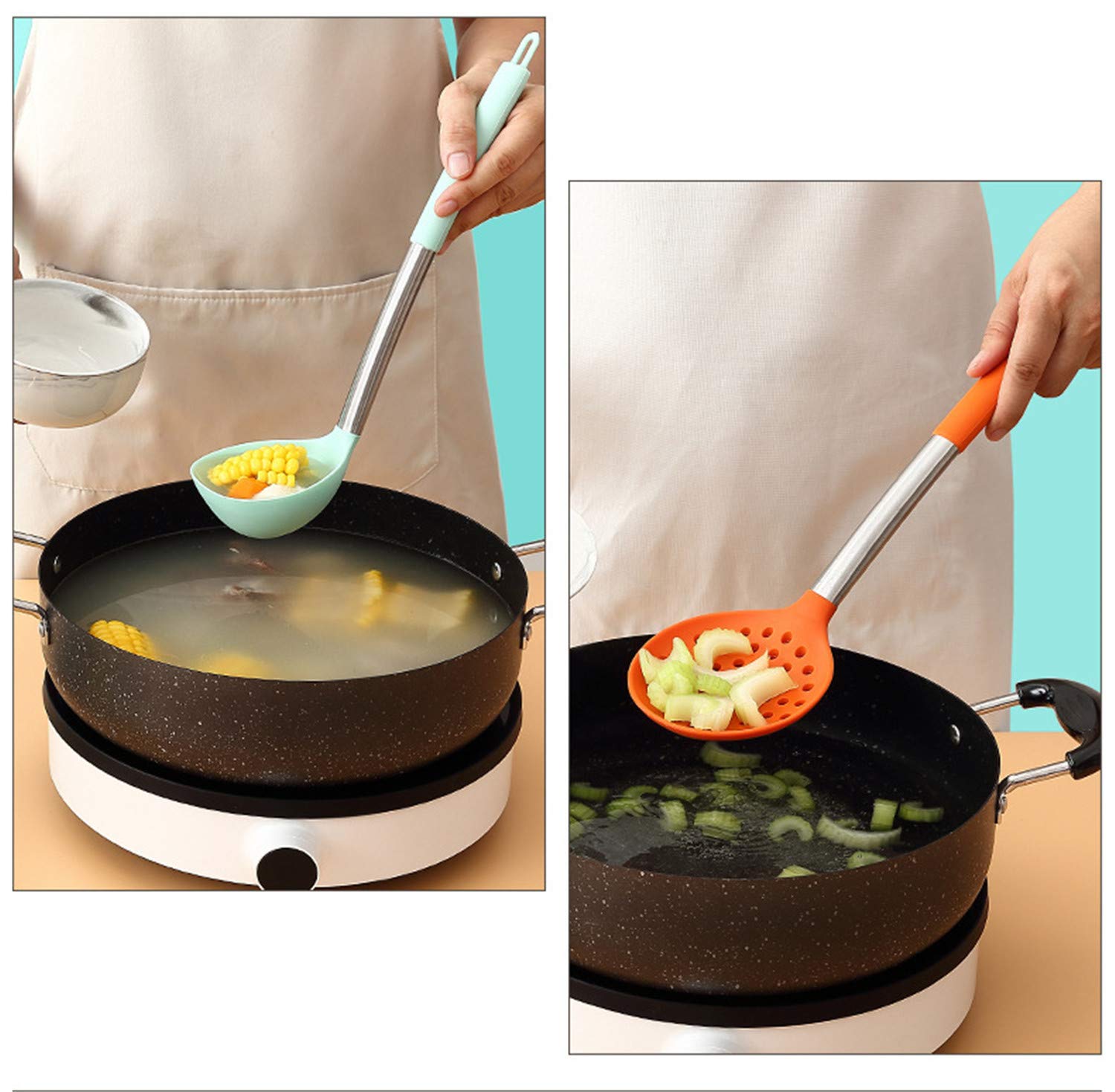 Utensilios de Cocina de Silicona Juego de Utensilios de Cocina - 446 ° F Mangos de Madera Resistentes al Calor Utensilios de Cocina Grises Juego de Utensilios de Cocina Antiadherente (Colorido-19pcs)