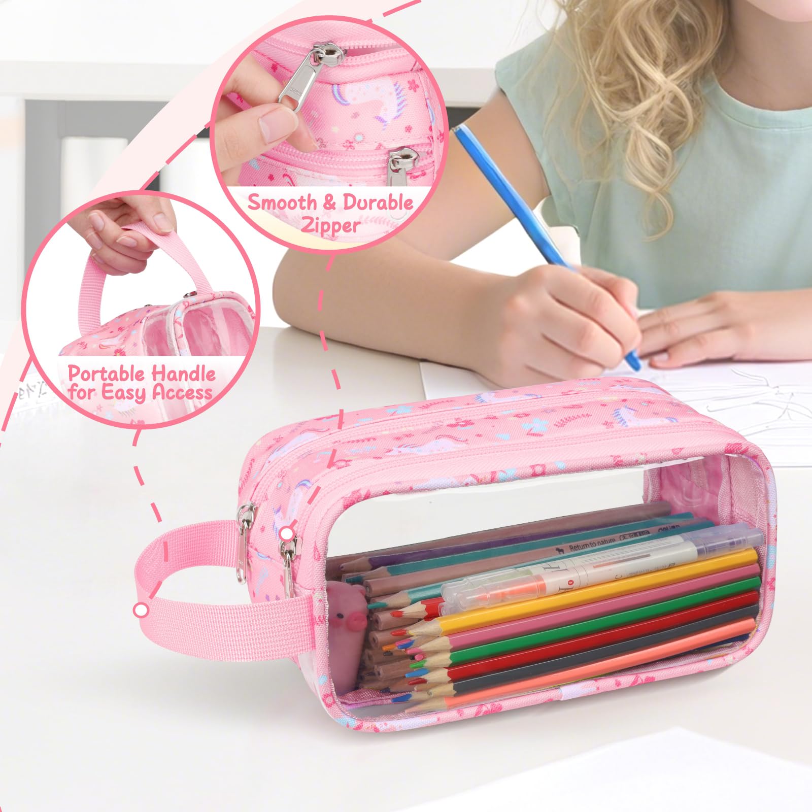 Bagseri Trousse à crayons transparente pour filles – Jolie trousse à crayons pour filles avec poignée – Grande trousse à crayons transparente à fermeture éclair (licorne rose)
