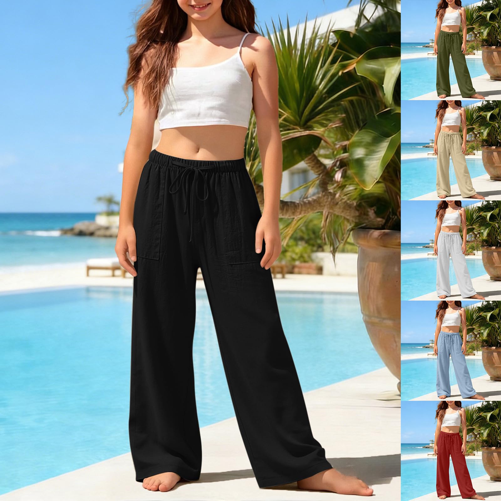 Générique Pantalon long en coton et lin à jambes larges pour filles - Pantalon long ample et fluide - Taille élastique - Avec poches - Tendance - Pour la plage - Décontracté