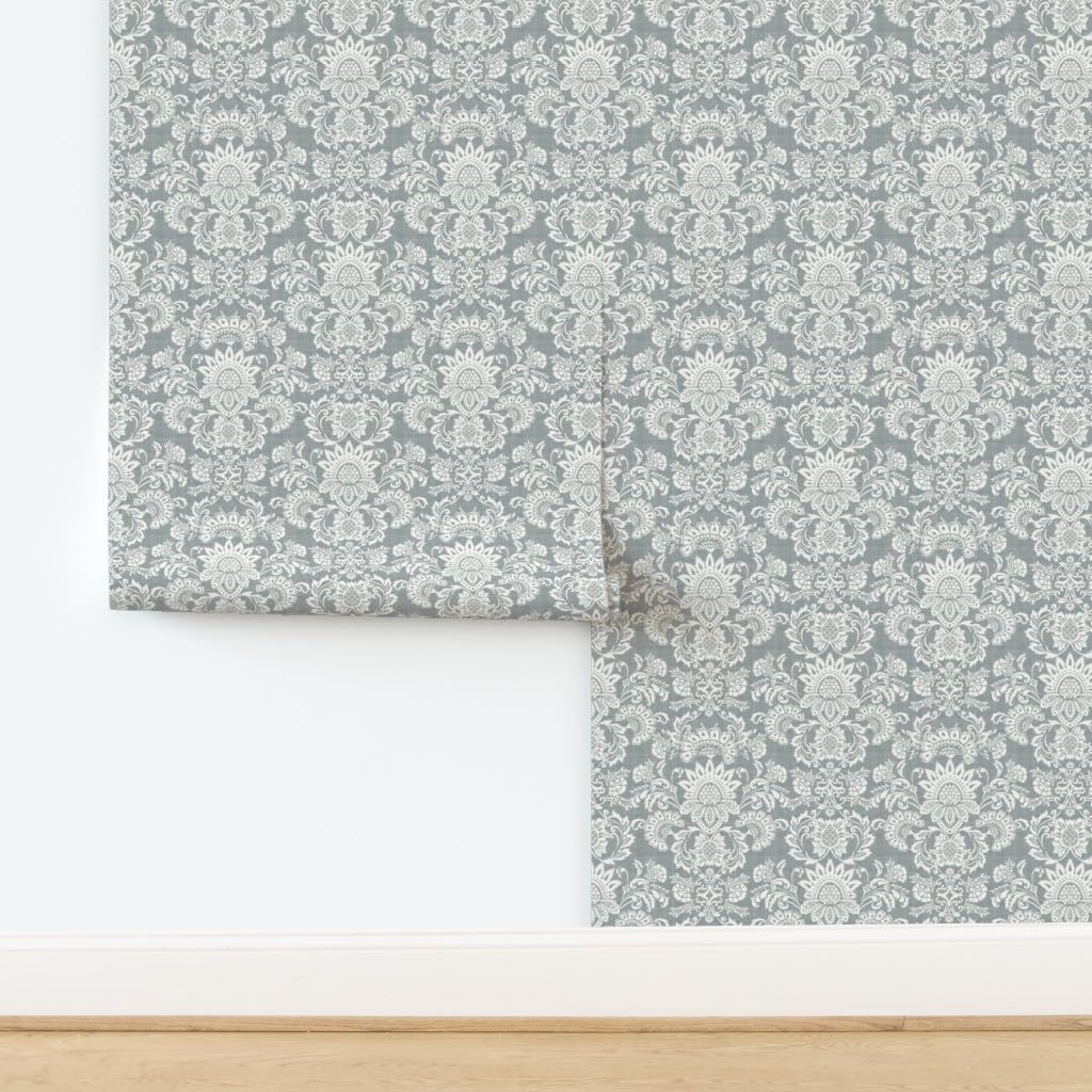 Removable Wallpaper 3ft x 2ft - White Flower Damask Leaves Modern Gray Monochrome Floral Grey Neutral Custom Pre-Pasted Wallpaper by Spoonflower