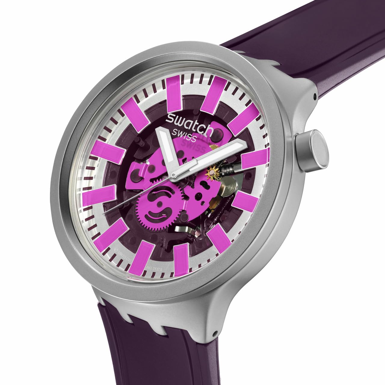 Swatch Reloj unisex casual de acero inoxidable de cuarzo Audacious ACAI, Púrpura, Moderno