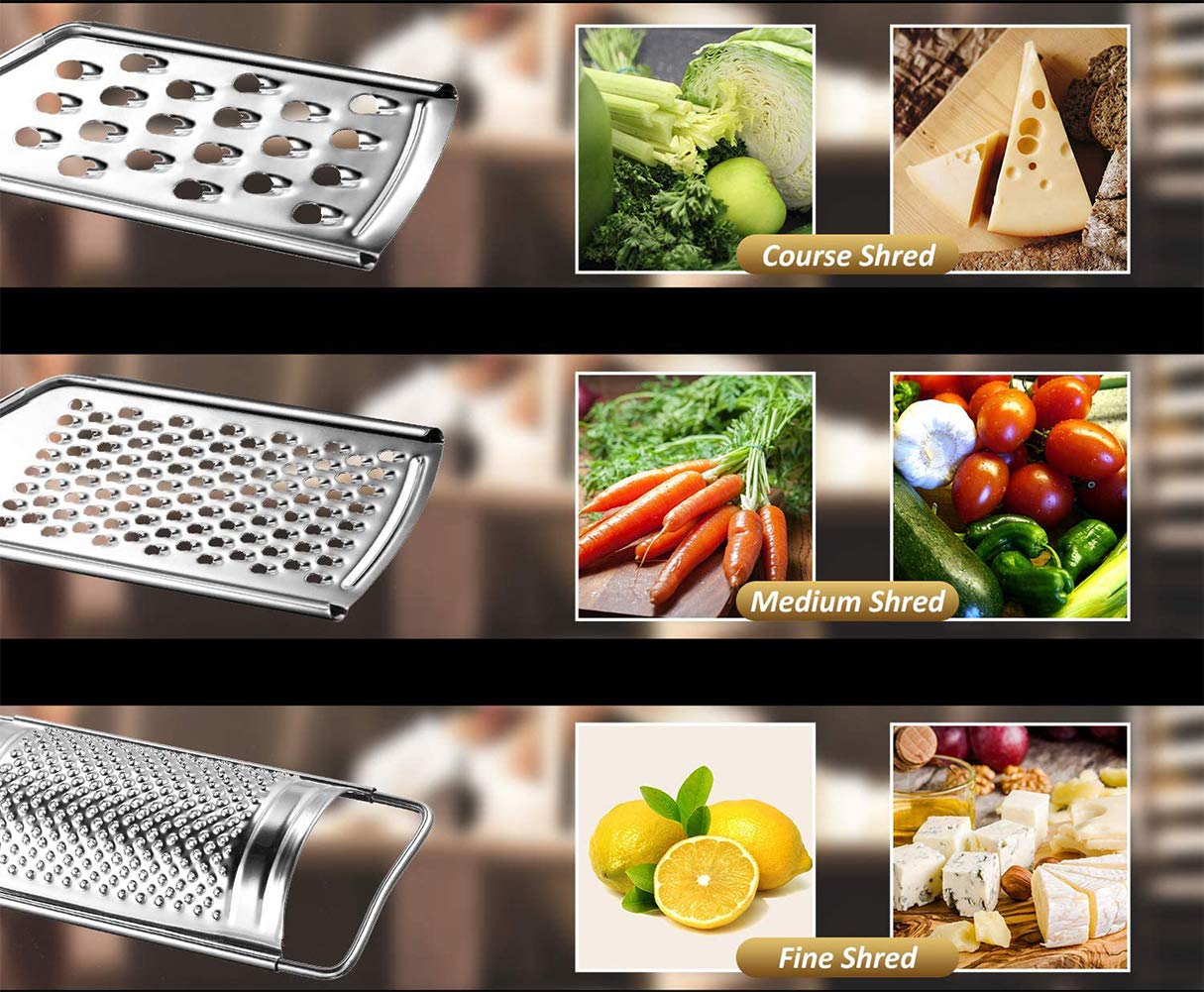 Rallador de queso de mano, rallador de queso de acero inoxidable, ralladores de limón, pelador de verduras de cocina, rallador de alimentos para jengibre, ajo, chocolate, frutas, ralladores con mango 7