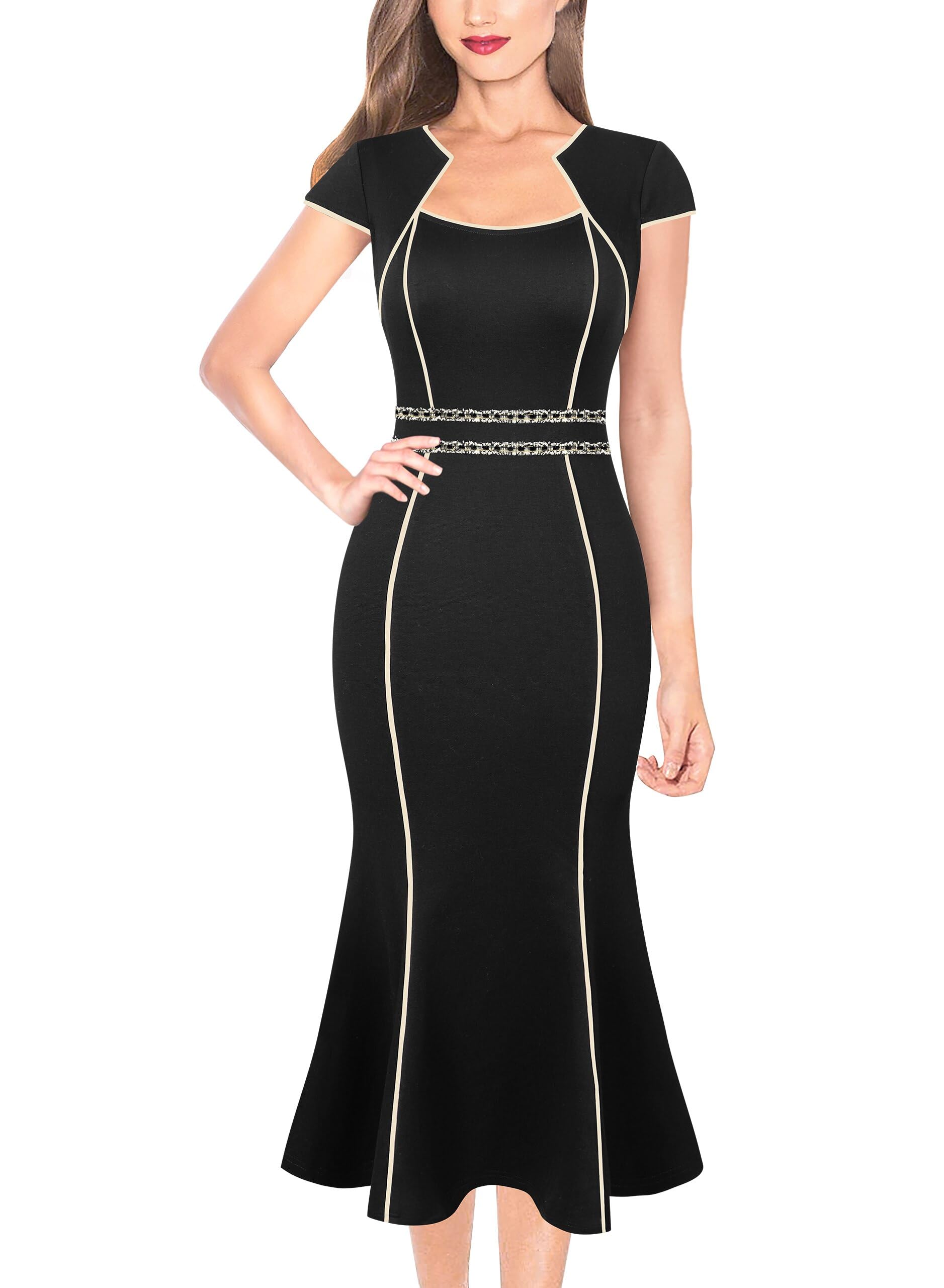 VFSHOWWomens Elegant Vintage Mermaid Cocktail Tweed Trim Bodycon Midi Dress 2023 Square Neck Work Business Office Party Contrast Piping Mid-Calf Dress (Black, Small) 10626 BLK S, Black With Tweed