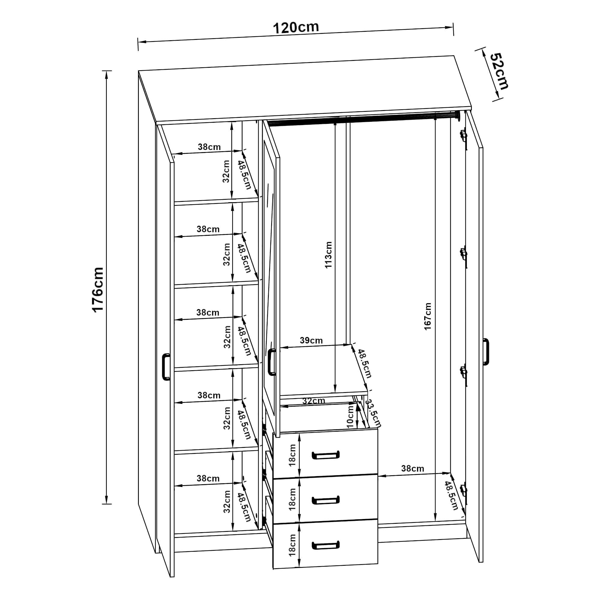 [en.casa] Armario Ropero Bodolz Guardaropa Armario de Almacenamiento con 3 Puertas 1 Perchero 5 Compartimentos 1 Espejo MDF 176 x 120 x 52 cm - Efecto Roble Sonoma