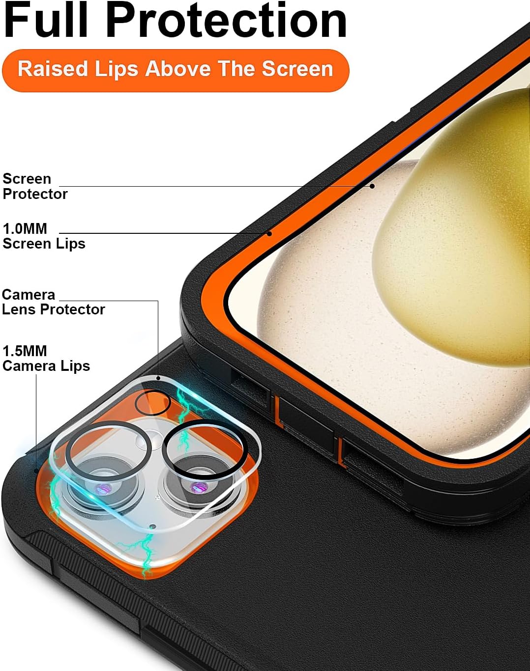 for iPhone 15 Case 6.1" Belt Clip Kickstand with 2 Screen Protector & 2 Camera Lens Protector, Full Body Protection Heavy Duty Case Cover (Black Orange+Clip) - Image 4