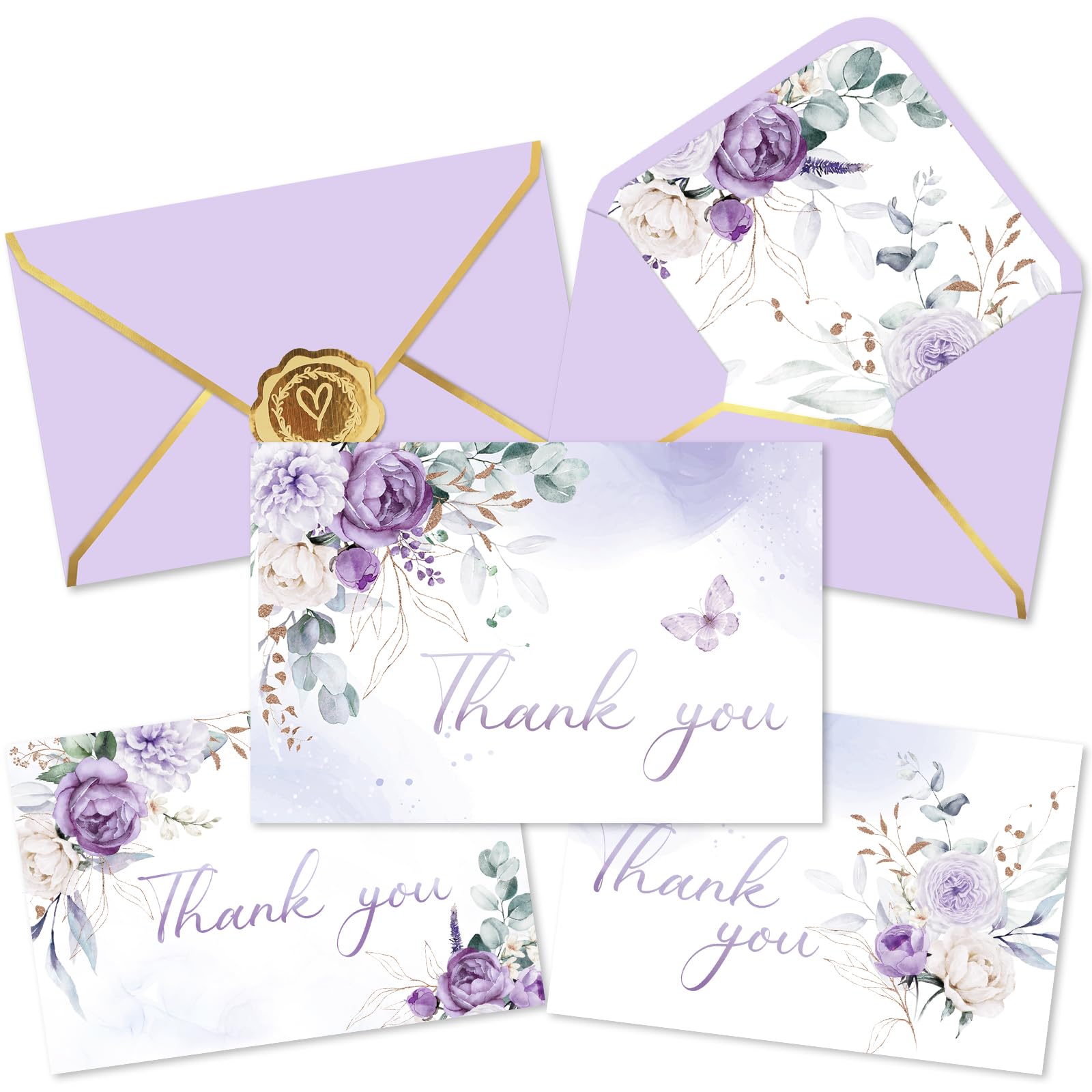 Amazon.com : Whaline 24 Pack Purple Floral Thank You Cards with ...