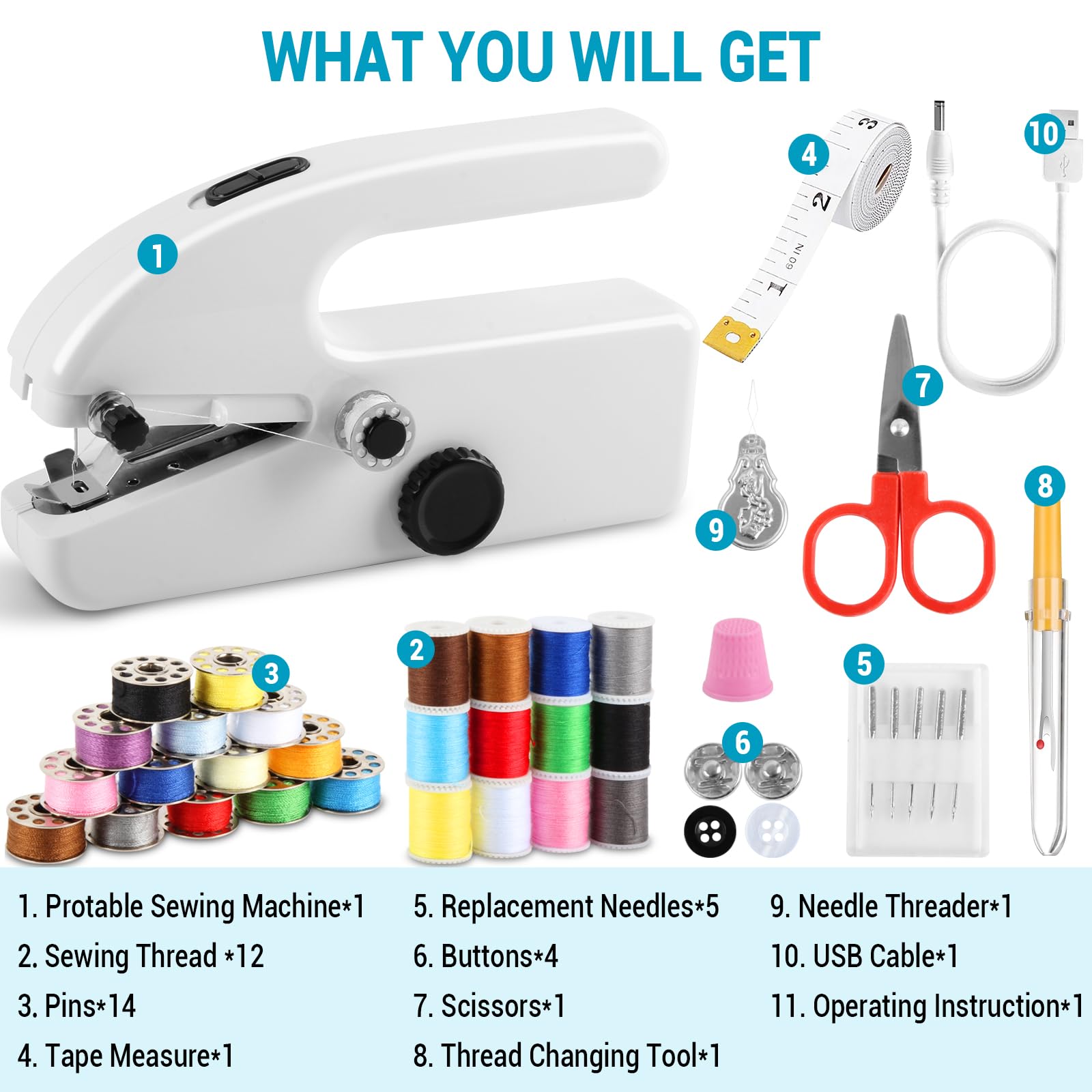 Máquina de coser a mano, mini máquina de coser eléctrica, portátil con caja de almacenamiento, accesorios de costura, 2 modos, ideal para principiantes y reparaciones rápidas de ropa y