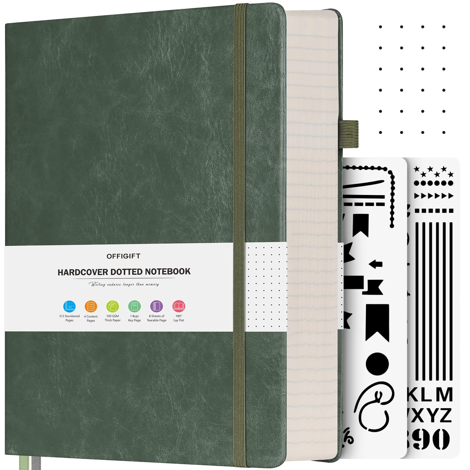 OFFIGIFT Dotted Notebook, 312 Numbered Pages Large B5 Hardback Leather Notebook, 100gsm No Bleed Paper Dot Grid Notebook with Index Pages, Dotted Journal for Bullet Journaling, 19.3 x 26.4cm, Green