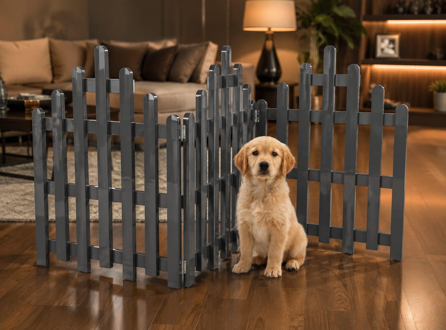 Expandable Wooden Dog Gate for Stairs & Doorways | Freestanding Foldable Pet Fence Barrier for Small & Medium Dogs | Indoor Safety Gate for Hallways, Living Room & Entryways | Grey (Grey)-image-33
