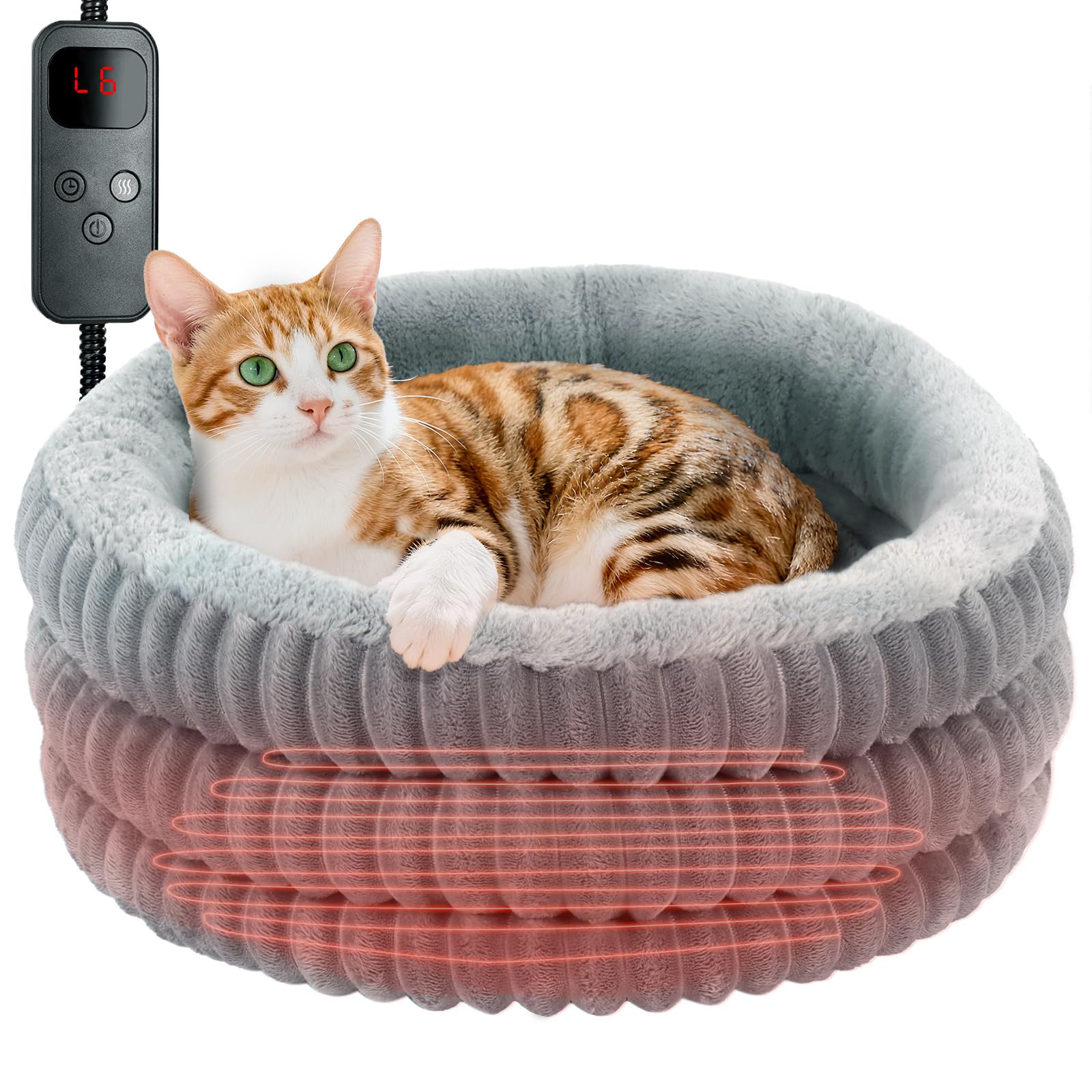 Beheiztes Katzenbett Rund - Beruhigendes Beheiztes Haustierbett für Tiefen Schlaf - für Hauskatzen und Hunde - Bequemes Elektrisches Thermo-Katzenwärmbett mit Verstellbarem Heizkissen - Waschbar