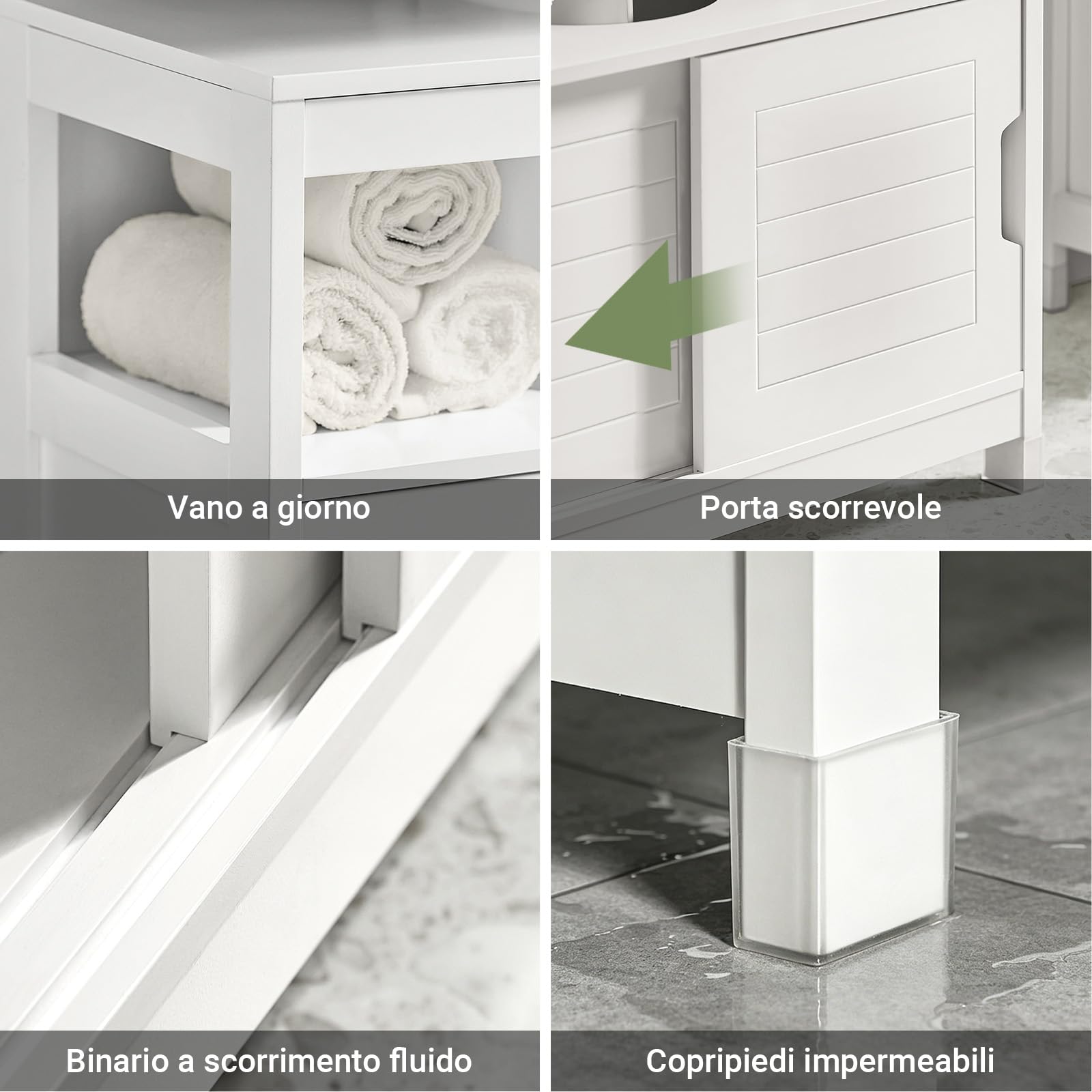 SoBuy Mobiletto Bagno Salvaspazio - Armadio Salvaspazio 2 Ante Scorrevoli e Ripiano Aperto - Mobile Sottolavabo per Bagno Moderno Piccolo – Bianco, 60x30x60cm, FRG128-II-W
