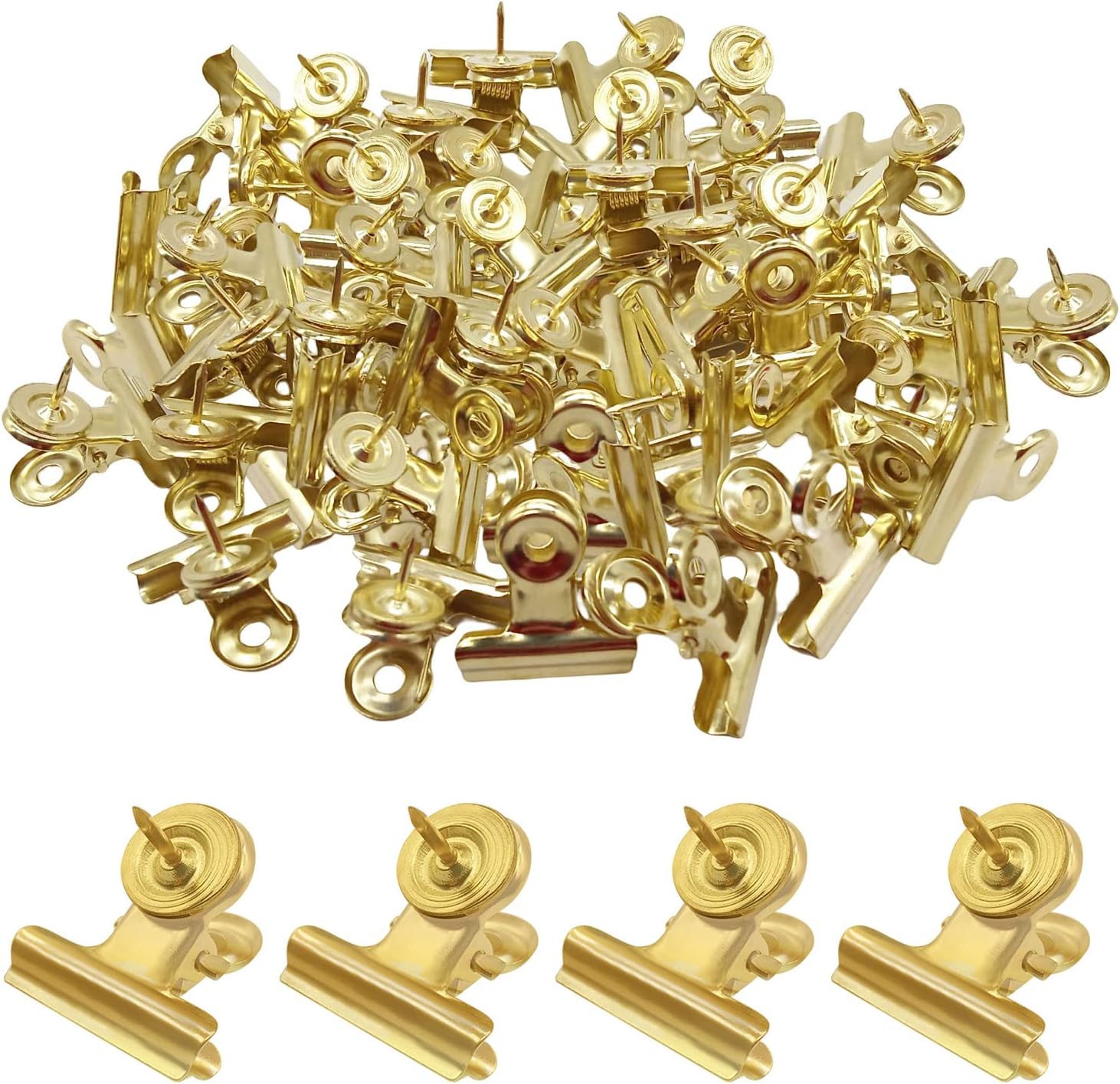 BLMHTWO 30 Pieces Thumb Tacks Clips Gold Heavy Duty Push Pins Metal Cubicle Clips Cork Board Pins No Holes for Paper, Creative Paper Clips with Tack for Cork Board and Photo Wall