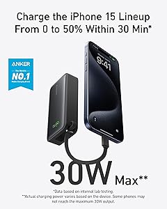 Anker Nano Power Bank, 10,000mAh Portable Charger with Built-in USB-C Cable, 30W Recharging, 30W Max Output with USB-C&A, for iPhone 16/15 Series, MacBook, Galaxy, AirPods, and More