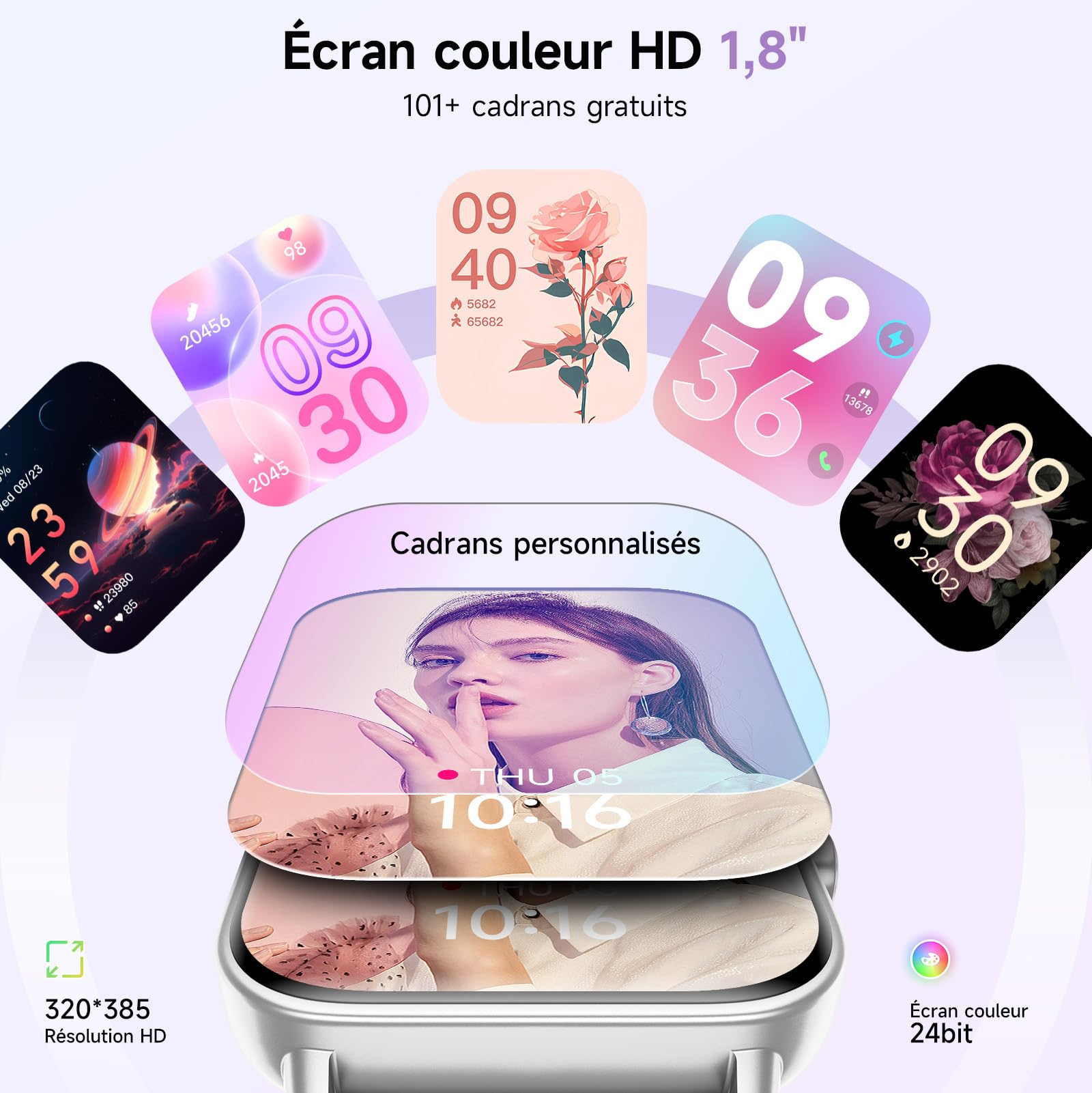 Montre Connectée Femme Appel Bluetooth, 1.8" Montre Connectée pour Samsung iPhone Android, Voix de l'IA, Alexa intégrée, Smartwatch Moniteur de SpO2/Sommeil/Podometre/Calories, IP68, 100+ Modes